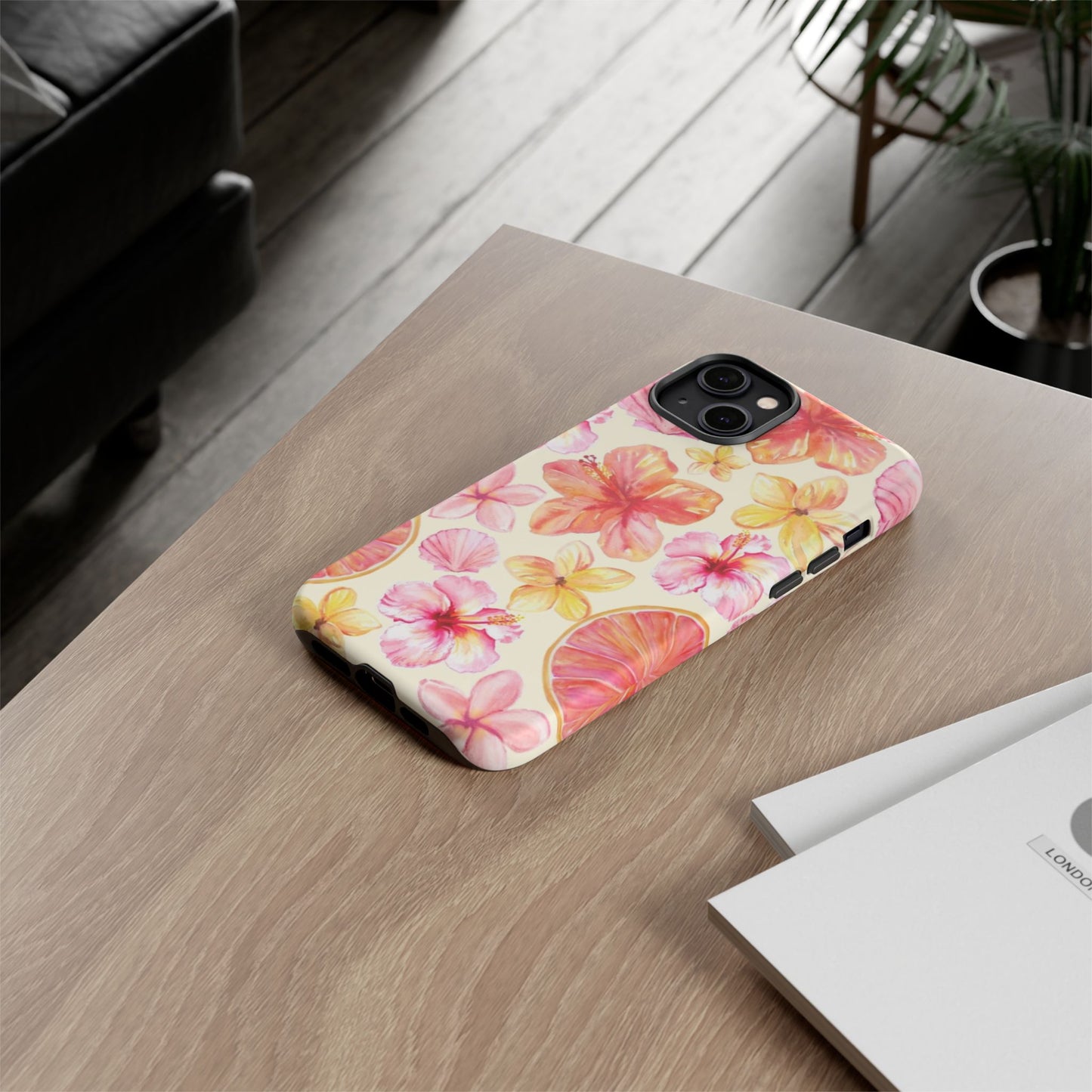 Tropical Hibiscus Tough Phone Case – Watercolor Floral & Citrus Protective Cover
