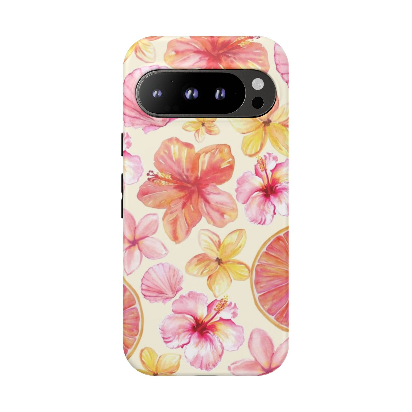 Tropical Hibiscus Tough Phone Case – Watercolor Floral & Citrus Protective Cover