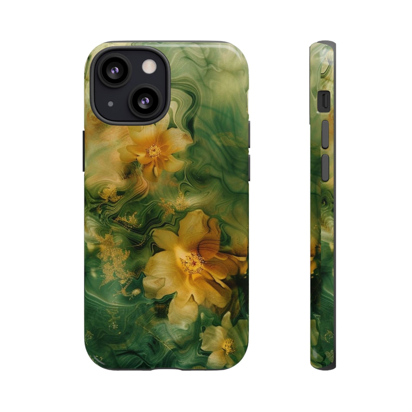 Floral Swirl Phone Case — Green & Gold Vintage Flower Design