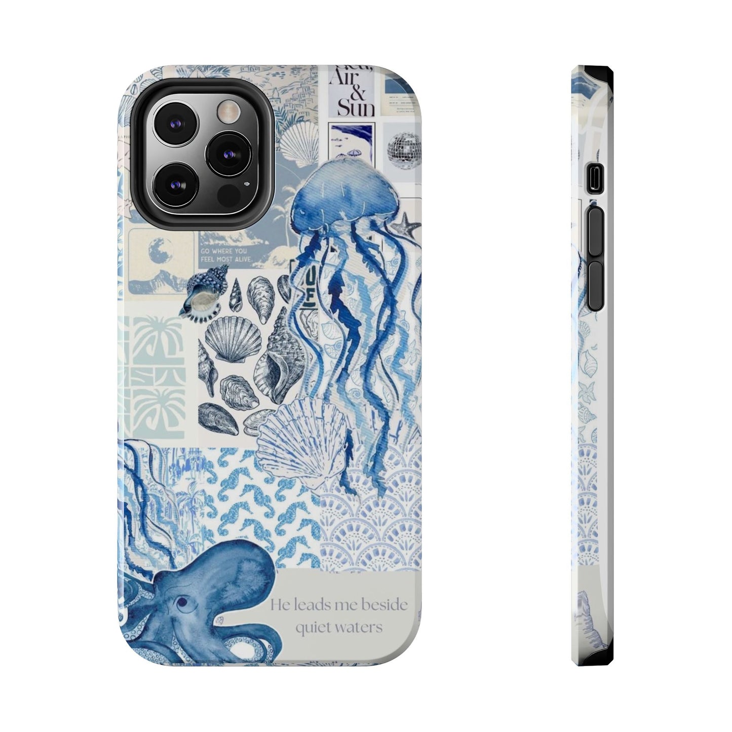Sea Collage Tough Phone Case — Blue Jellyfish & Shells Coastal Design