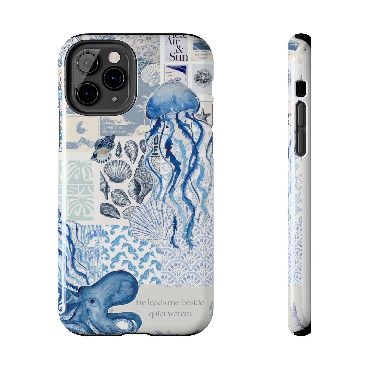 Sea Collage Tough Phone Case — Blue Jellyfish & Shells Coastal Design