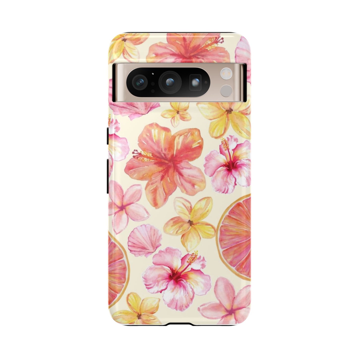 Tropical Hibiscus Tough Phone Case – Watercolor Floral & Citrus Protective Cover