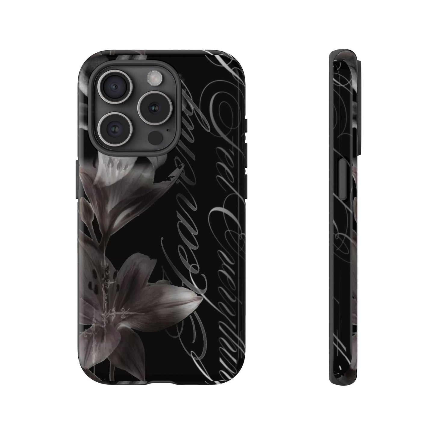 Floral Script Tough Phone Case – Black Lily Protective Cover
