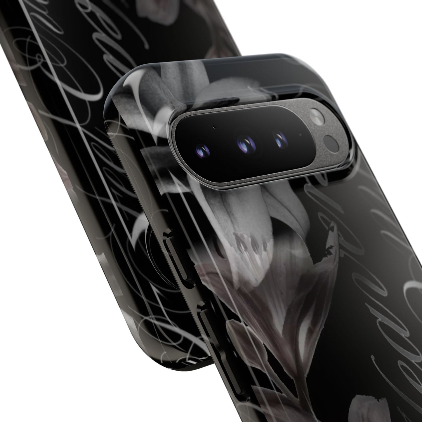 Floral Script Tough Phone Case – Black Lily Protective Cover