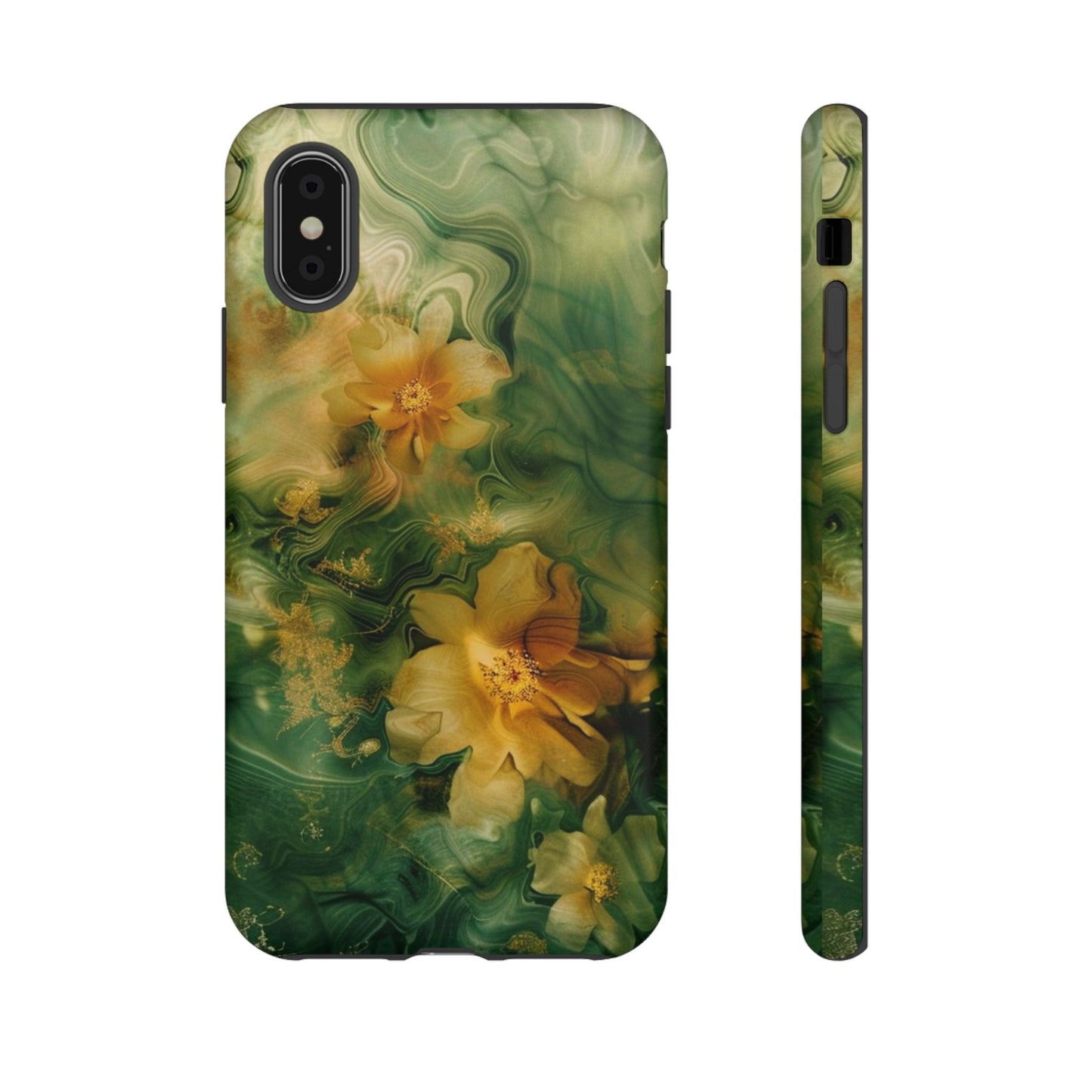 Floral Swirl Phone Case — Green & Gold Vintage Flower Design