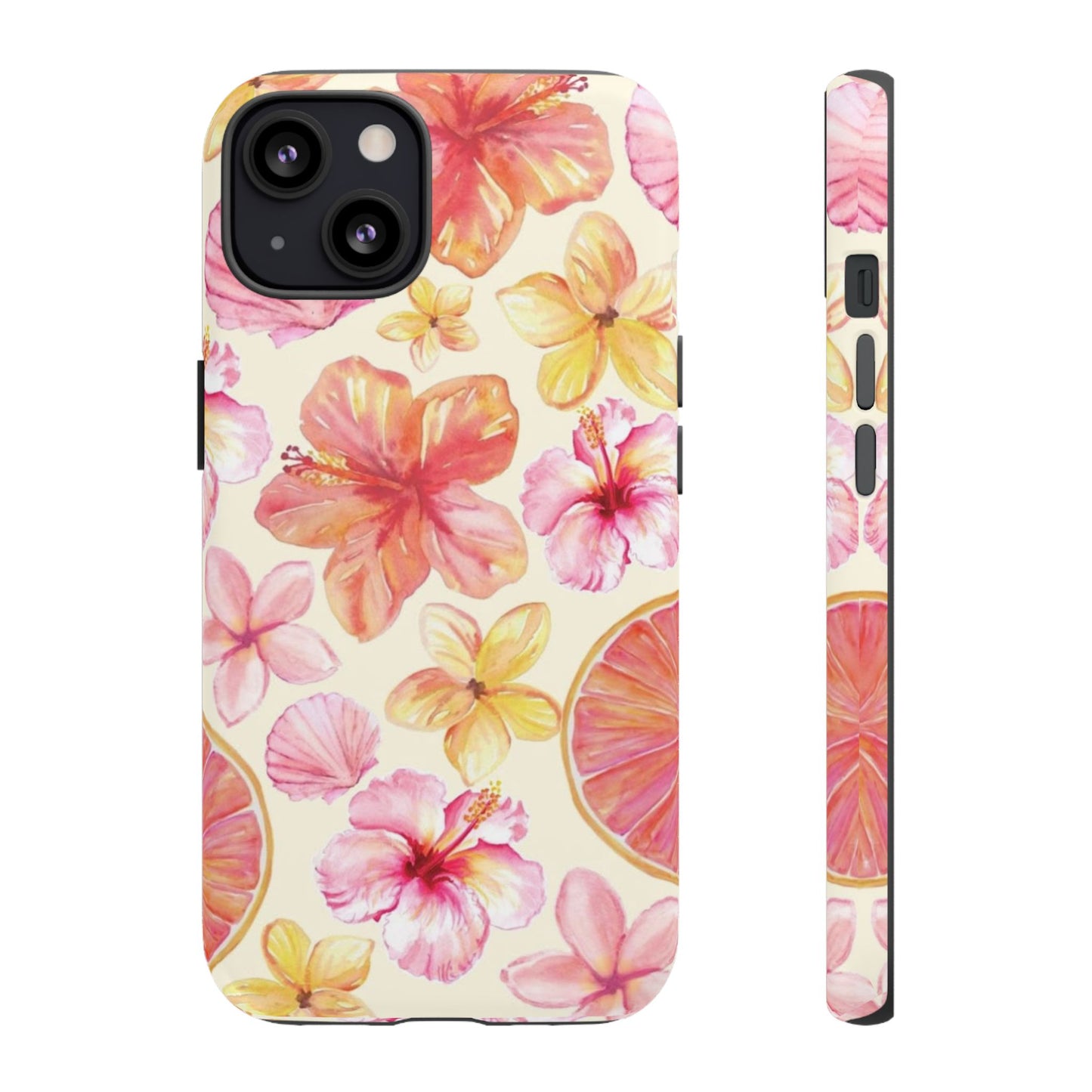 Tropical Hibiscus Tough Phone Case – Watercolor Floral & Citrus Protective Cover