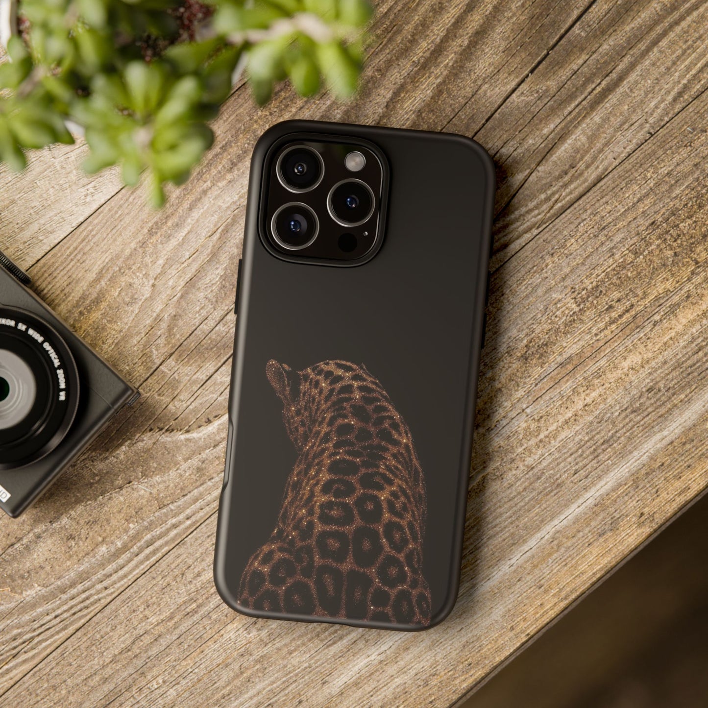Leopard Print Tough Phone Case - Sleek Black Protective Cover