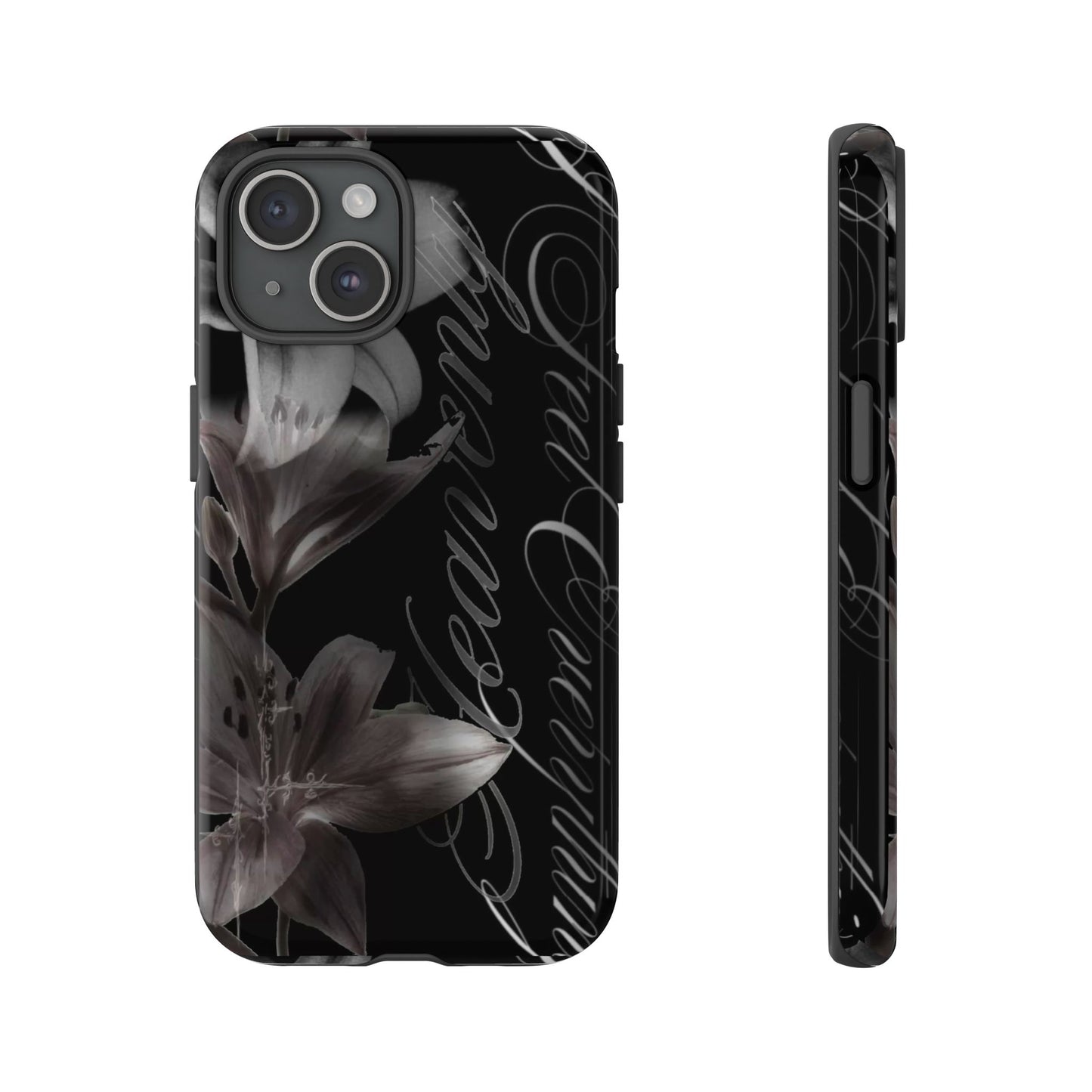 Floral Script Tough Phone Case – Black Lily Protective Cover