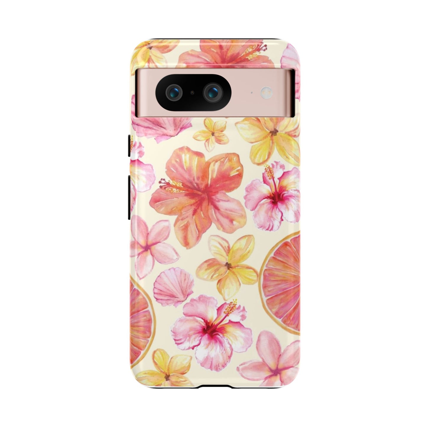 Tropical Hibiscus Tough Phone Case – Watercolor Floral & Citrus Protective Cover