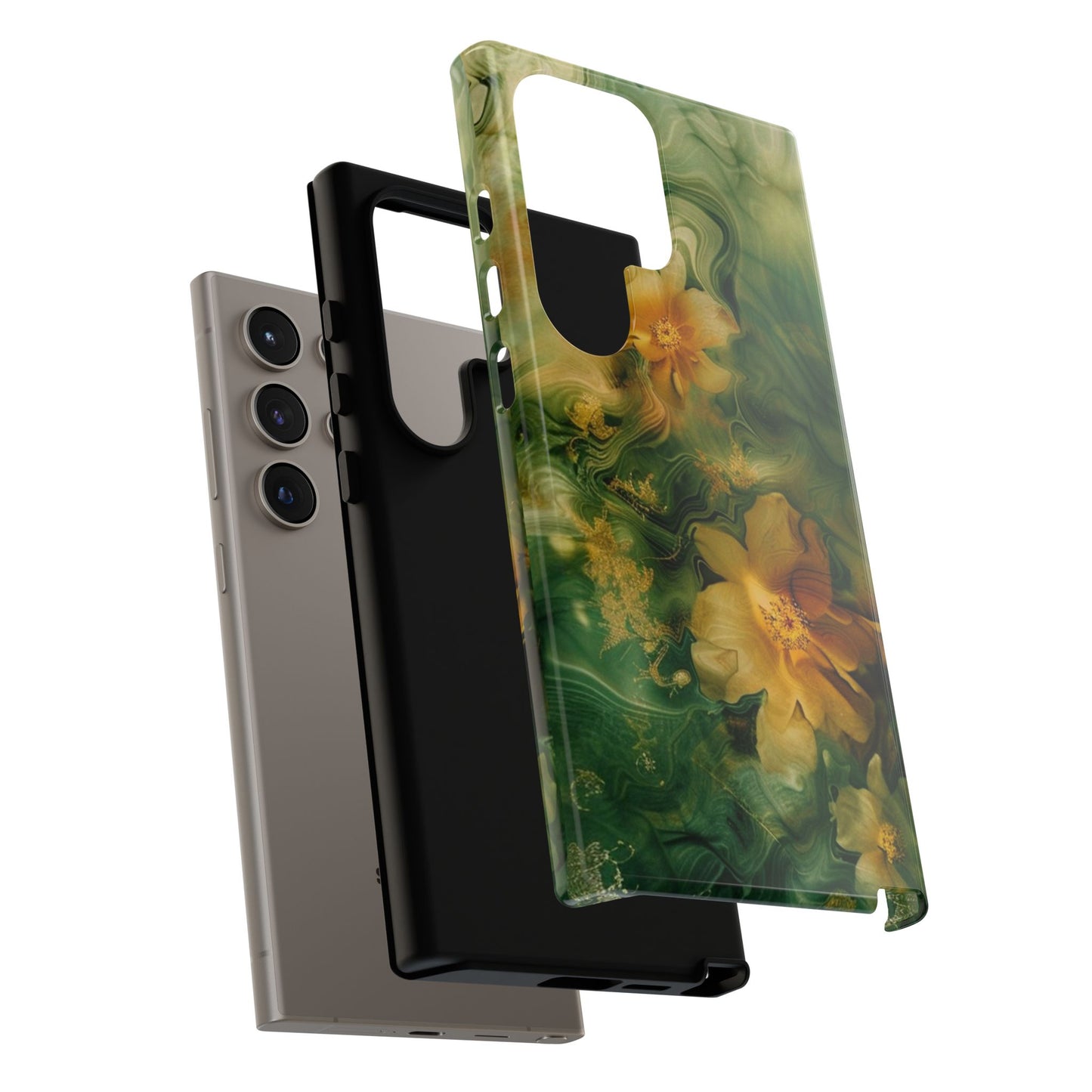 Floral Swirl Phone Case — Green & Gold Vintage Flower Design
