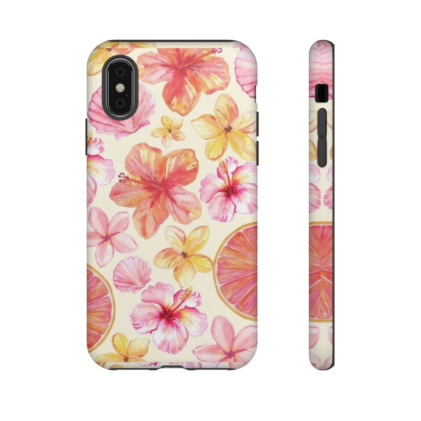 Tropical Hibiscus Tough Phone Case – Watercolor Floral & Citrus Protective Cover