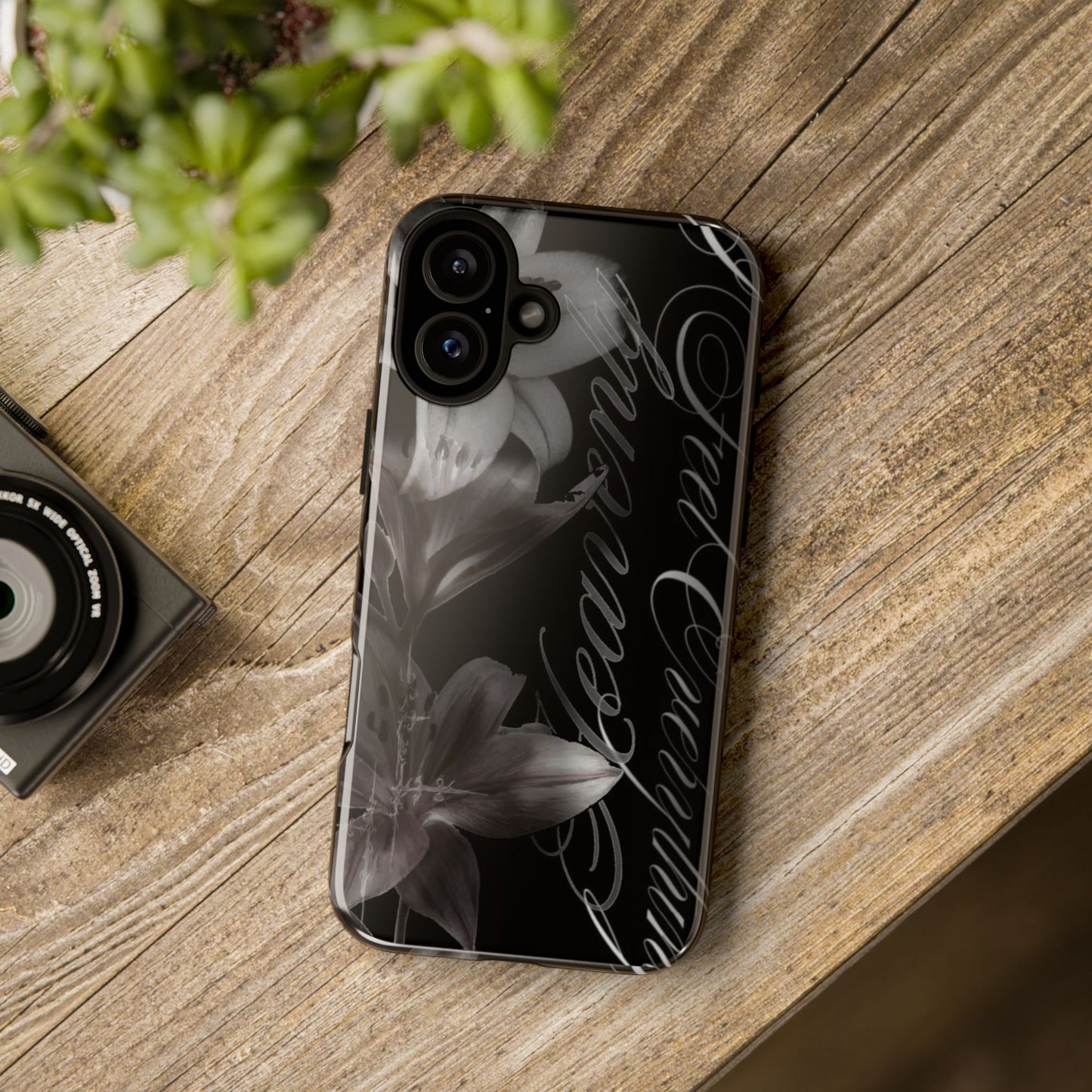 Floral Script Tough Phone Case – Black Lily Protective Cover