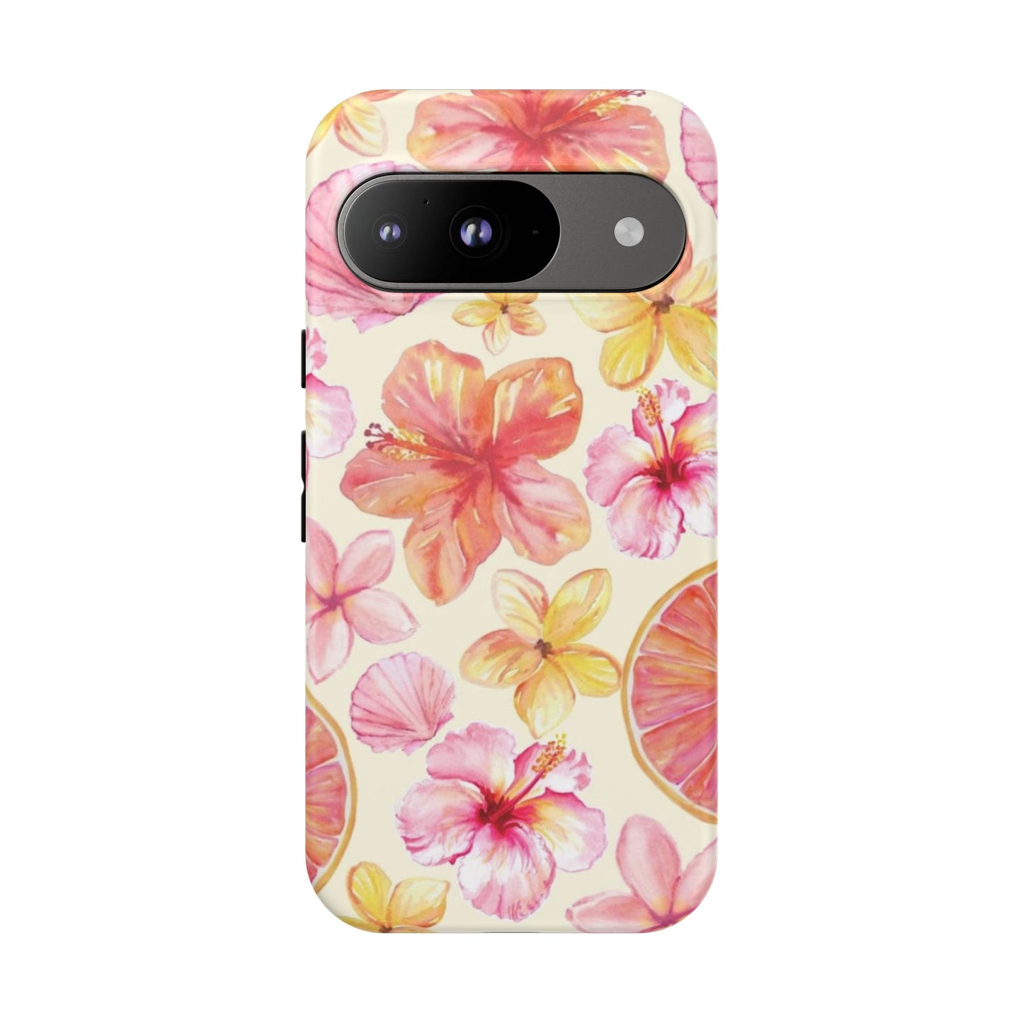 Tropical Hibiscus Tough Phone Case – Watercolor Floral & Citrus Protective Cover