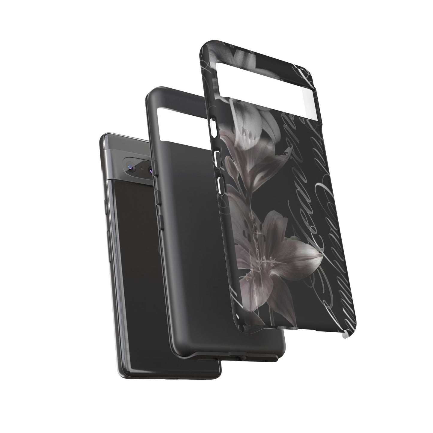 Floral Script Tough Phone Case – Black Lily Protective Cover
