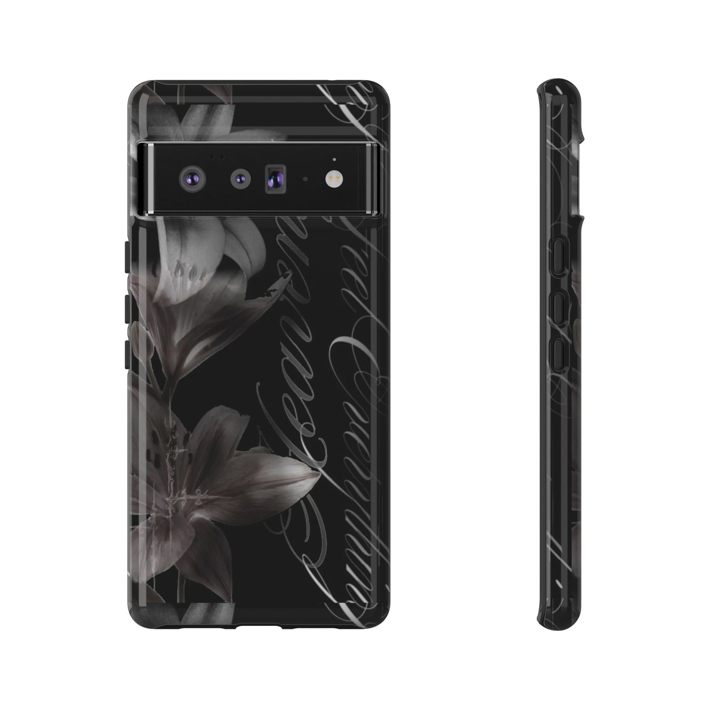 Floral Script Tough Phone Case – Black Lily Protective Cover