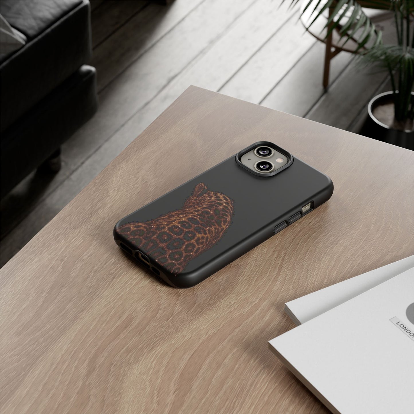 Leopard Print Tough Phone Case - Sleek Black Protective Cover