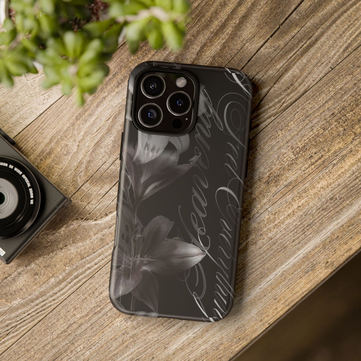 Floral Script Tough Phone Case – Black Lily Protective Cover