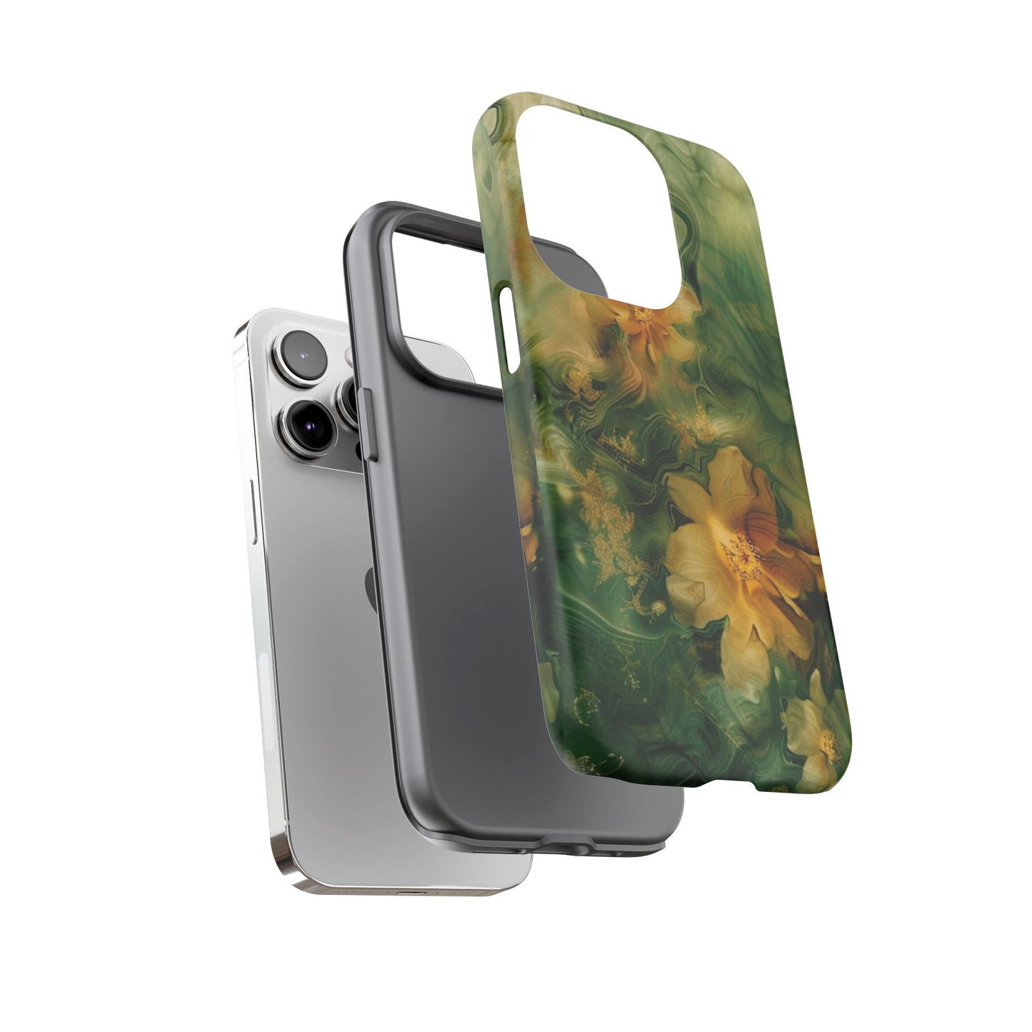 Floral Swirl Phone Case — Green & Gold Vintage Flower Design