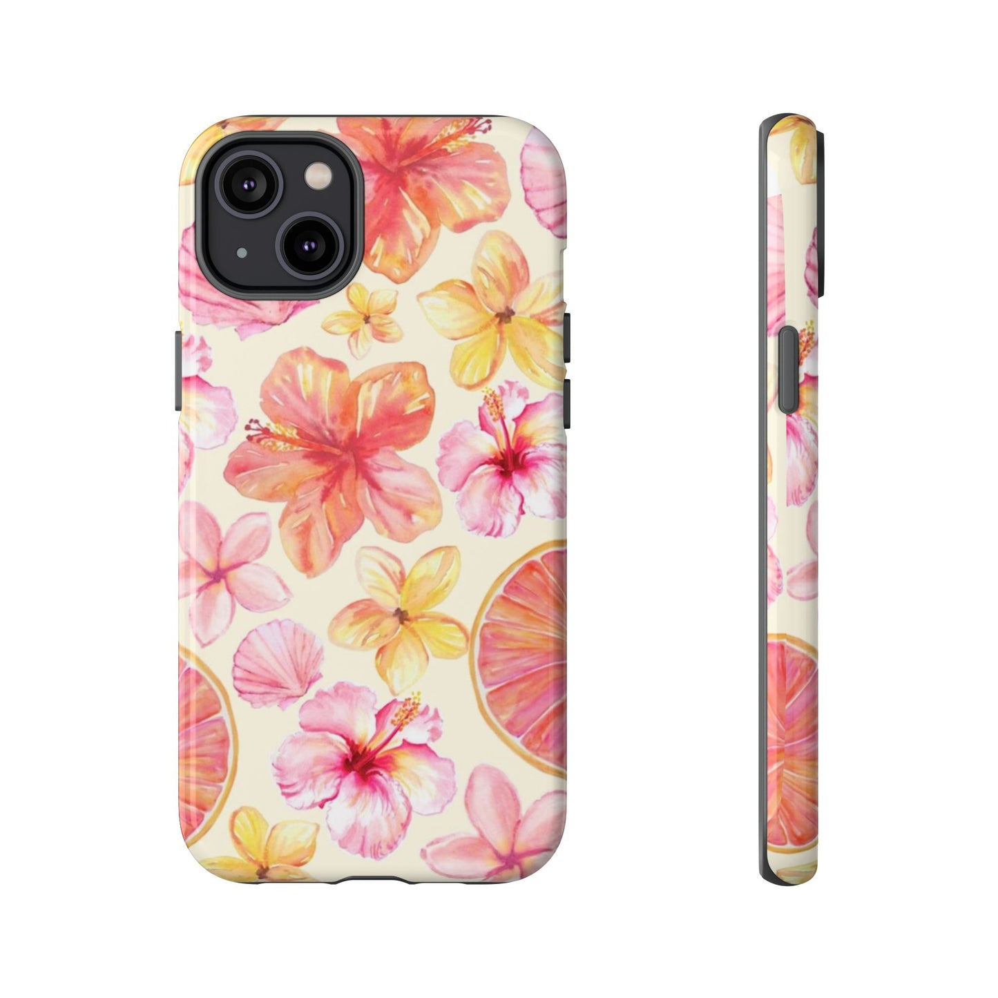 Tropical Hibiscus Tough Phone Case – Watercolor Floral & Citrus Protective Cover