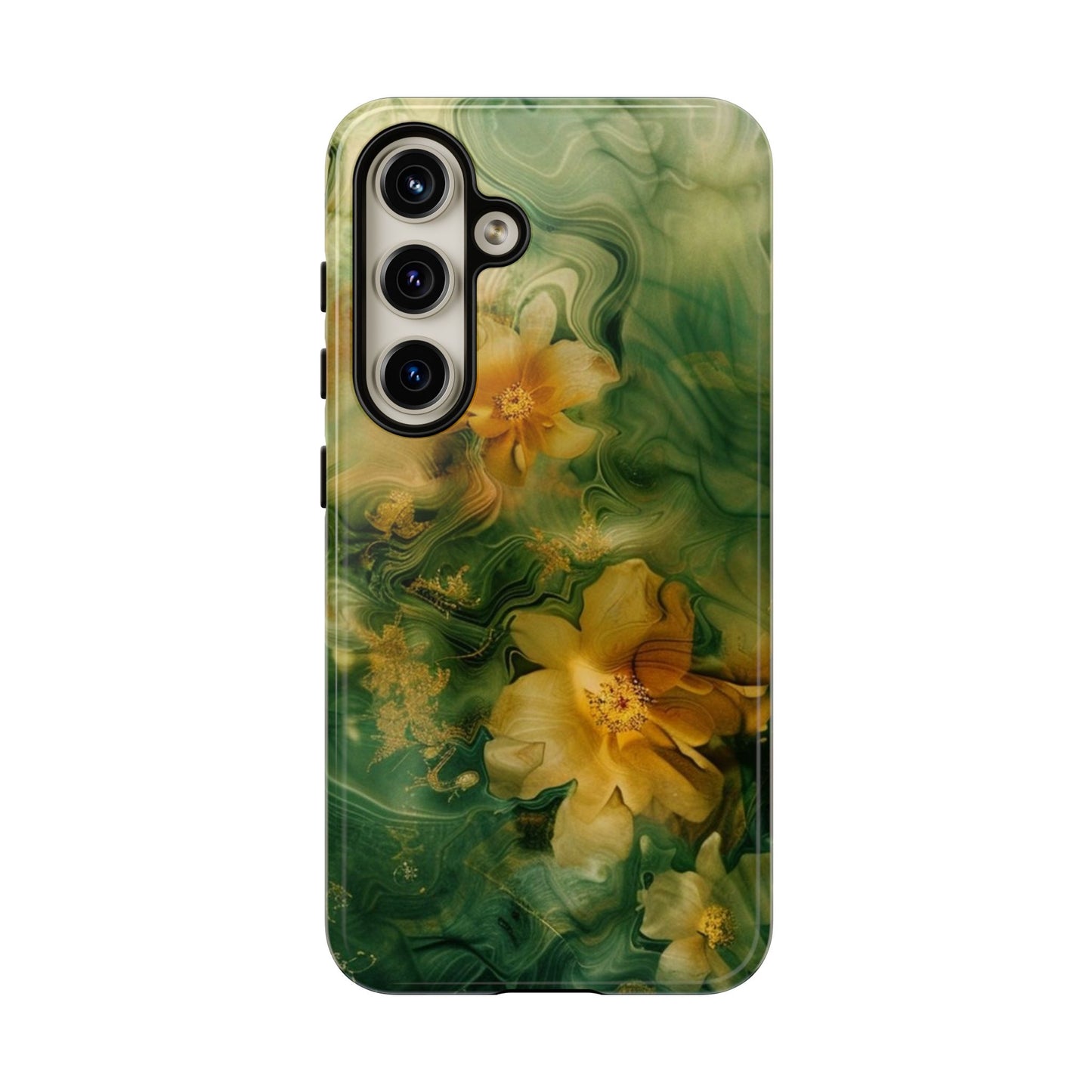 Floral Swirl Phone Case — Green & Gold Vintage Flower Design