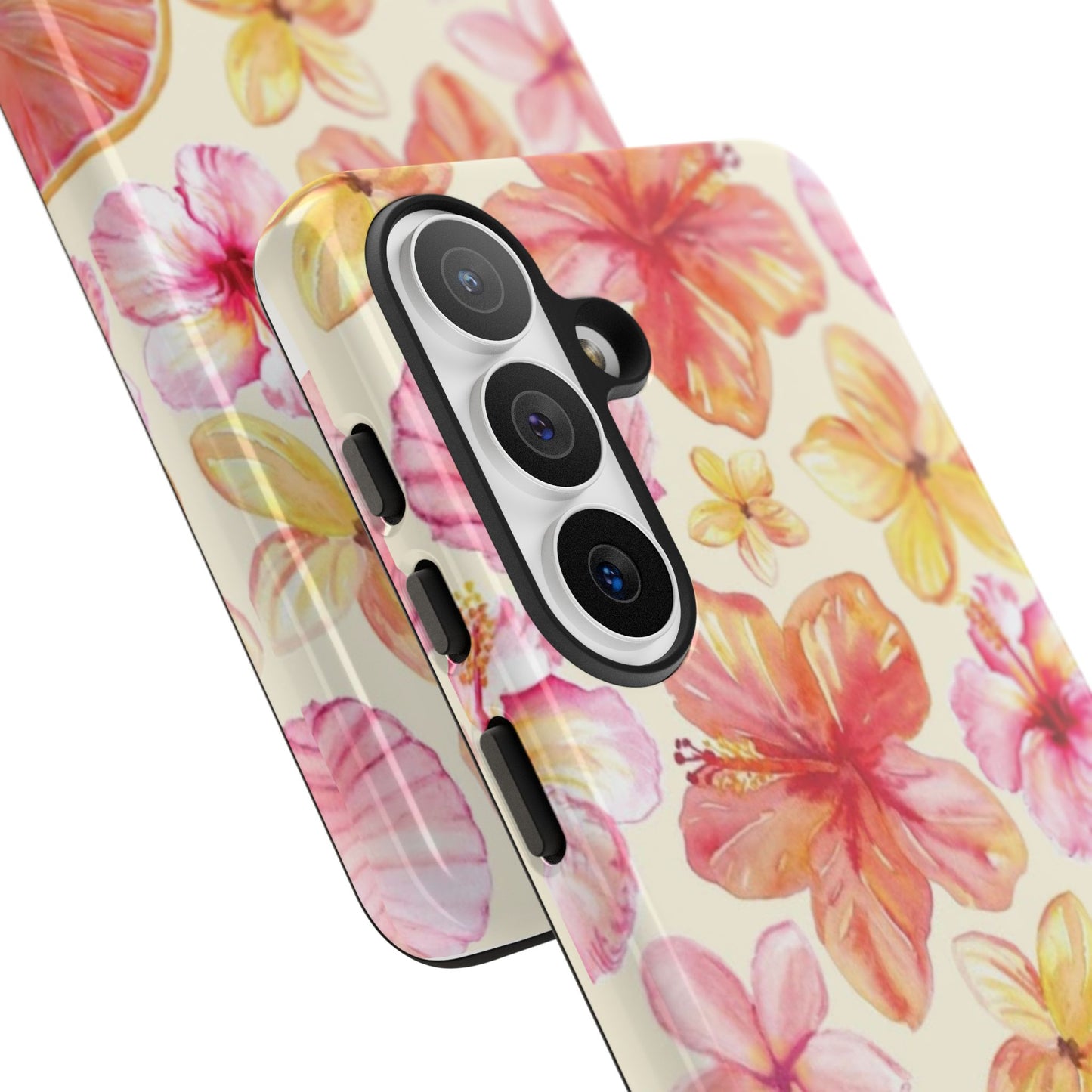 Tropical Hibiscus Tough Phone Case – Watercolor Floral & Citrus Protective Cover