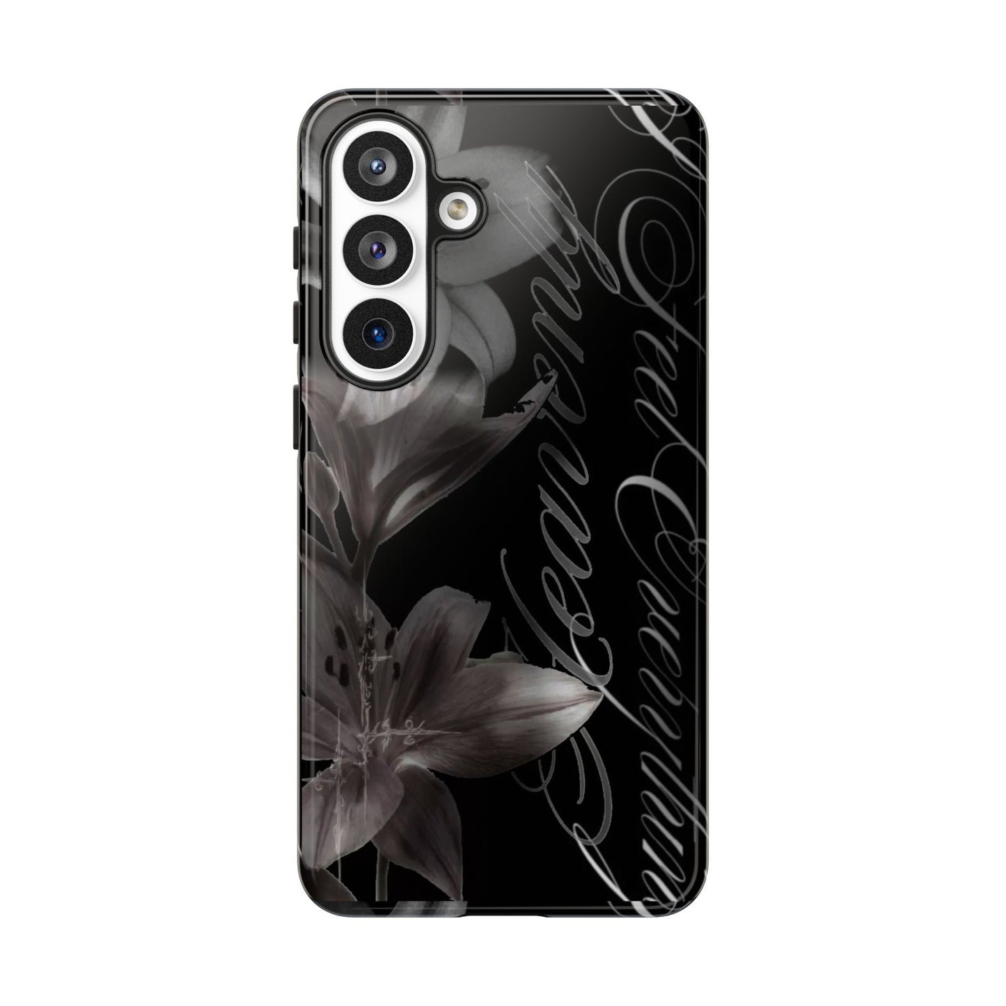 Floral Script Tough Phone Case – Black Lily Protective Cover