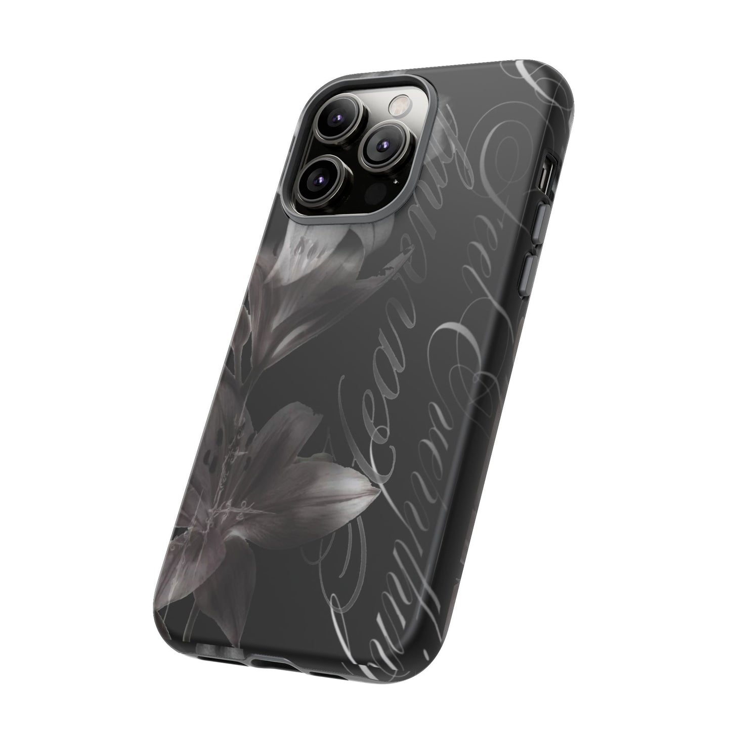 Floral Script Tough Phone Case – Black Lily Protective Cover