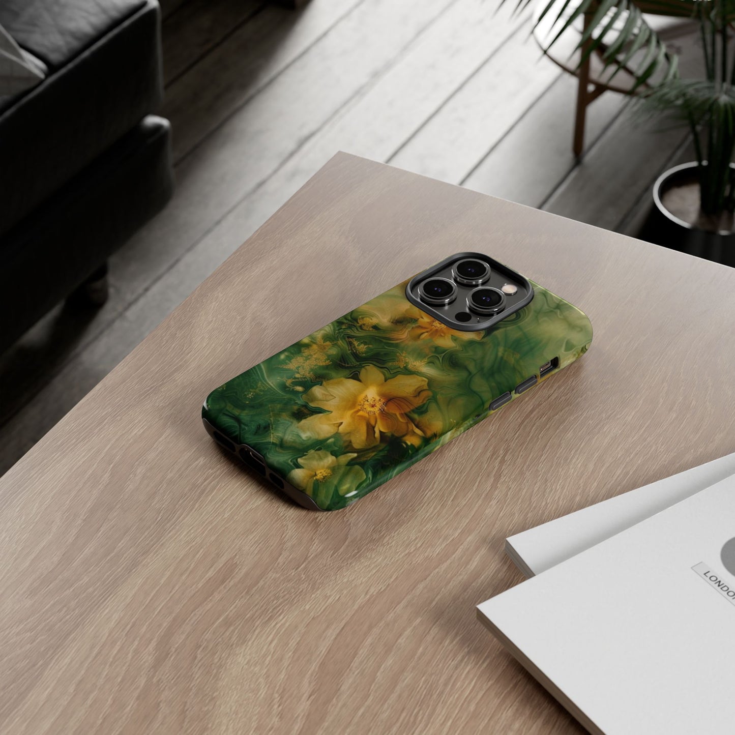 Floral Swirl Phone Case — Green & Gold Vintage Flower Design