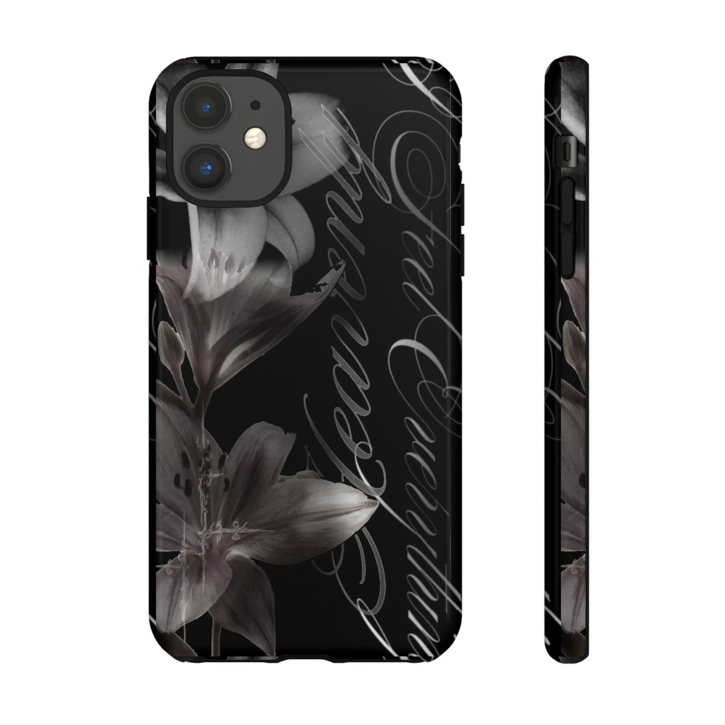 Floral Script Tough Phone Case – Black Lily Protective Cover