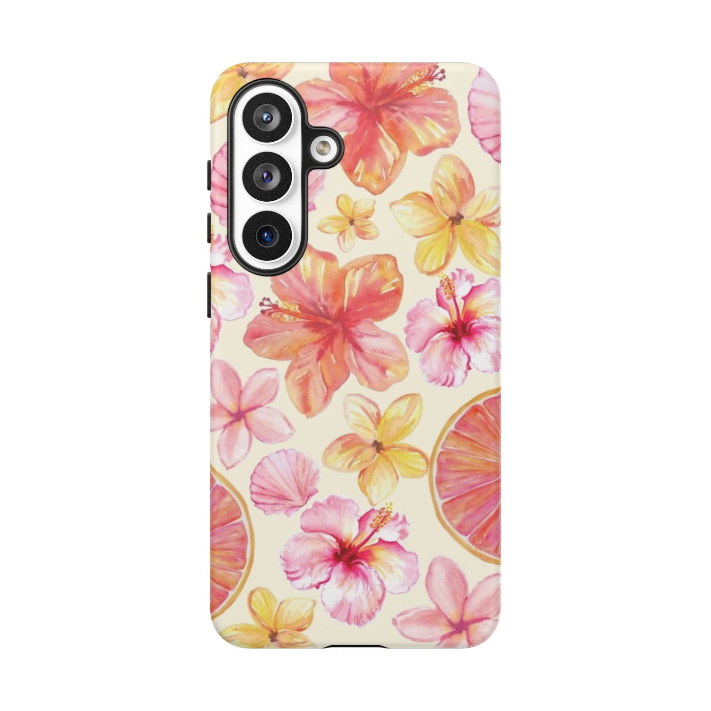 Tropical Hibiscus Tough Phone Case – Watercolor Floral & Citrus Protective Cover