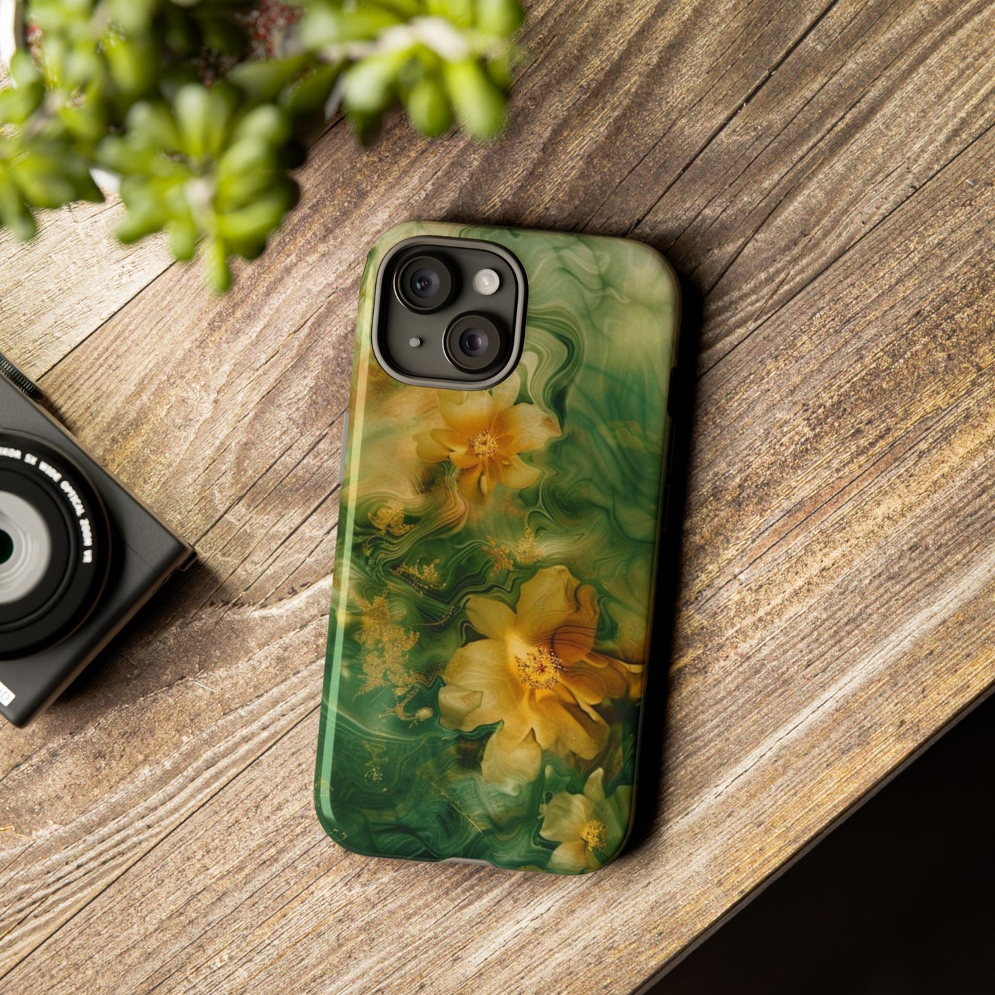 Floral Swirl Phone Case — Green & Gold Vintage Flower Design