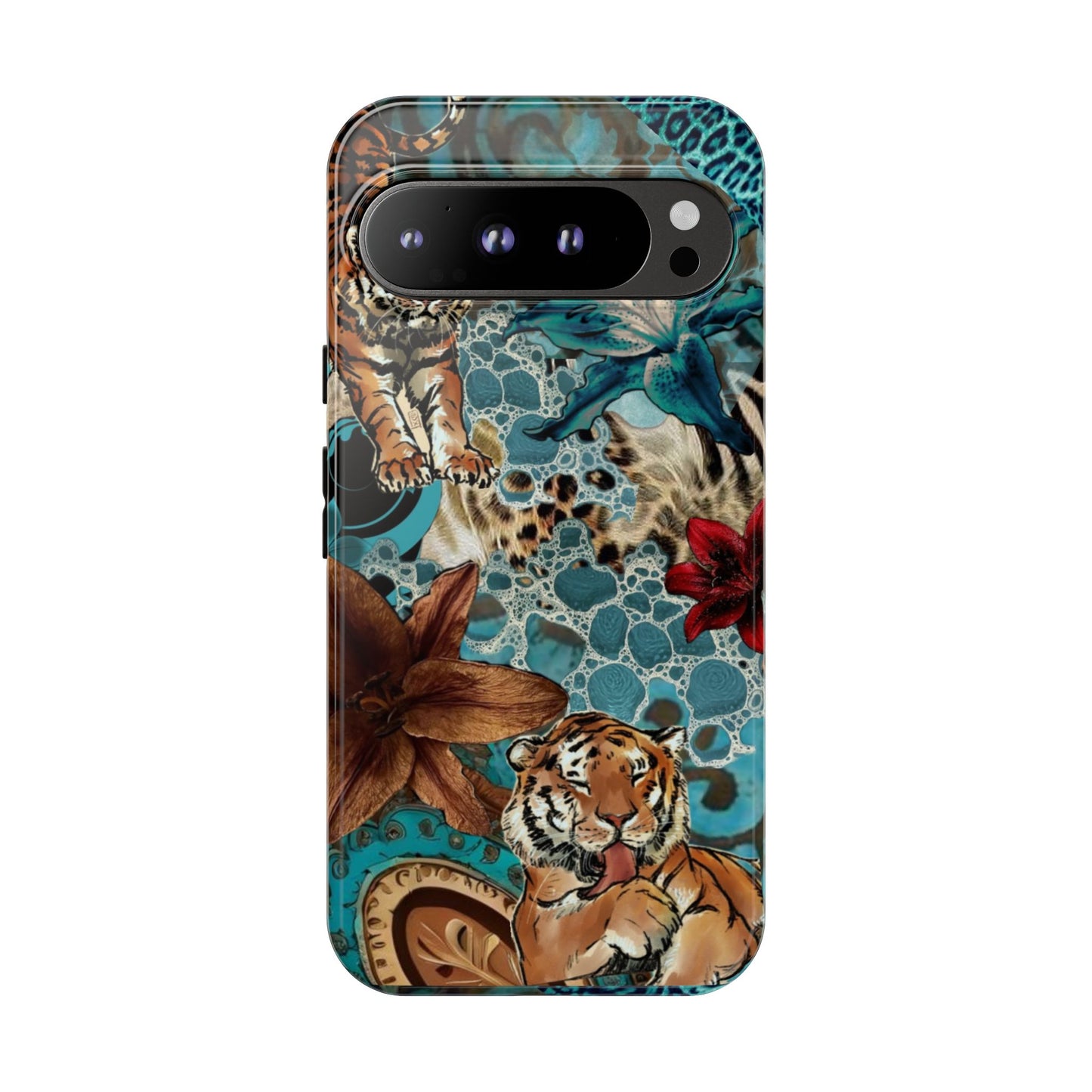 Floral Tiger Phone Case - Teal Safari Protective Cover