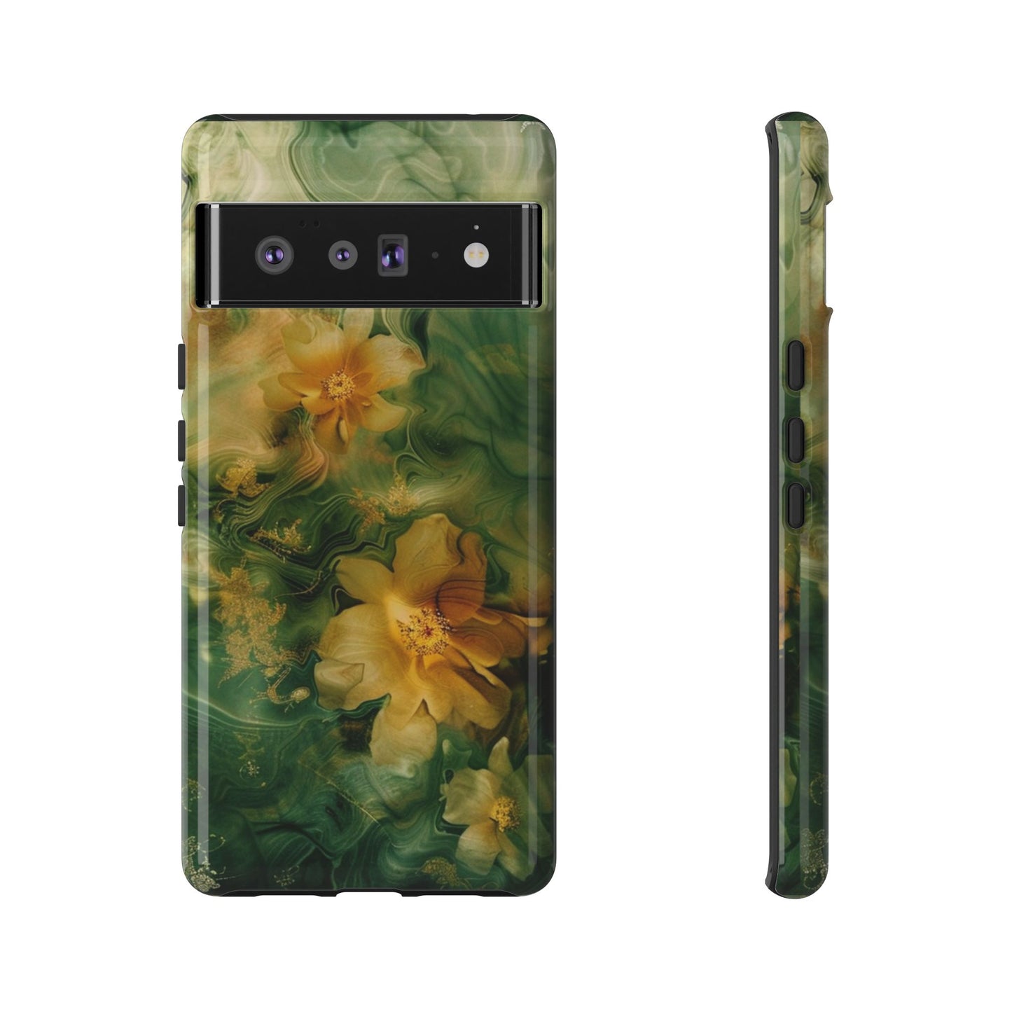 Floral Swirl Phone Case — Green & Gold Vintage Flower Design