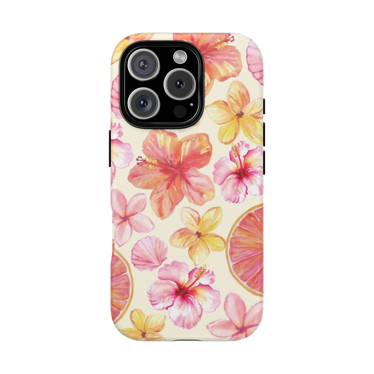 Tropical Hibiscus Tough Phone Case – Watercolor Floral & Citrus Protective Cover
