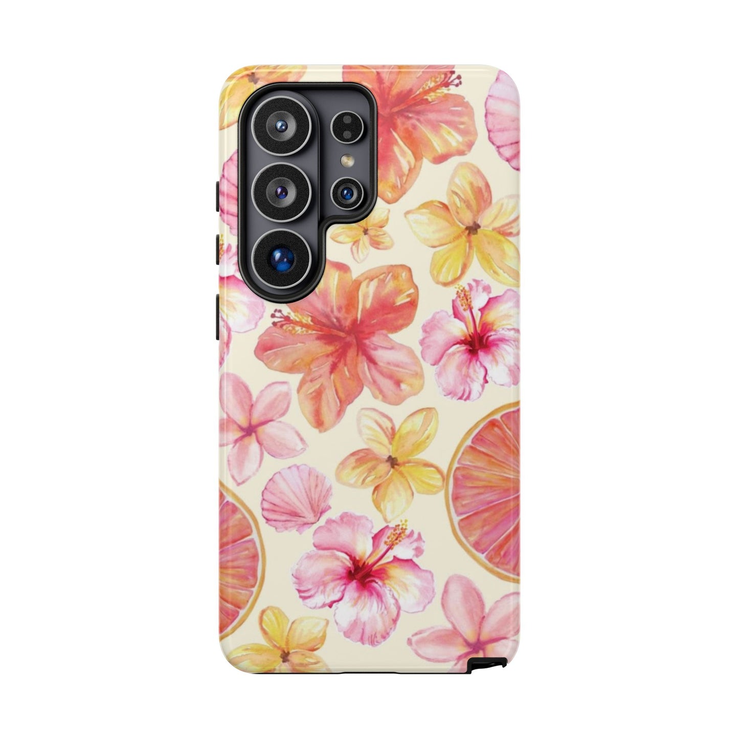 Tropical Hibiscus Tough Phone Case – Watercolor Floral & Citrus Protective Cover