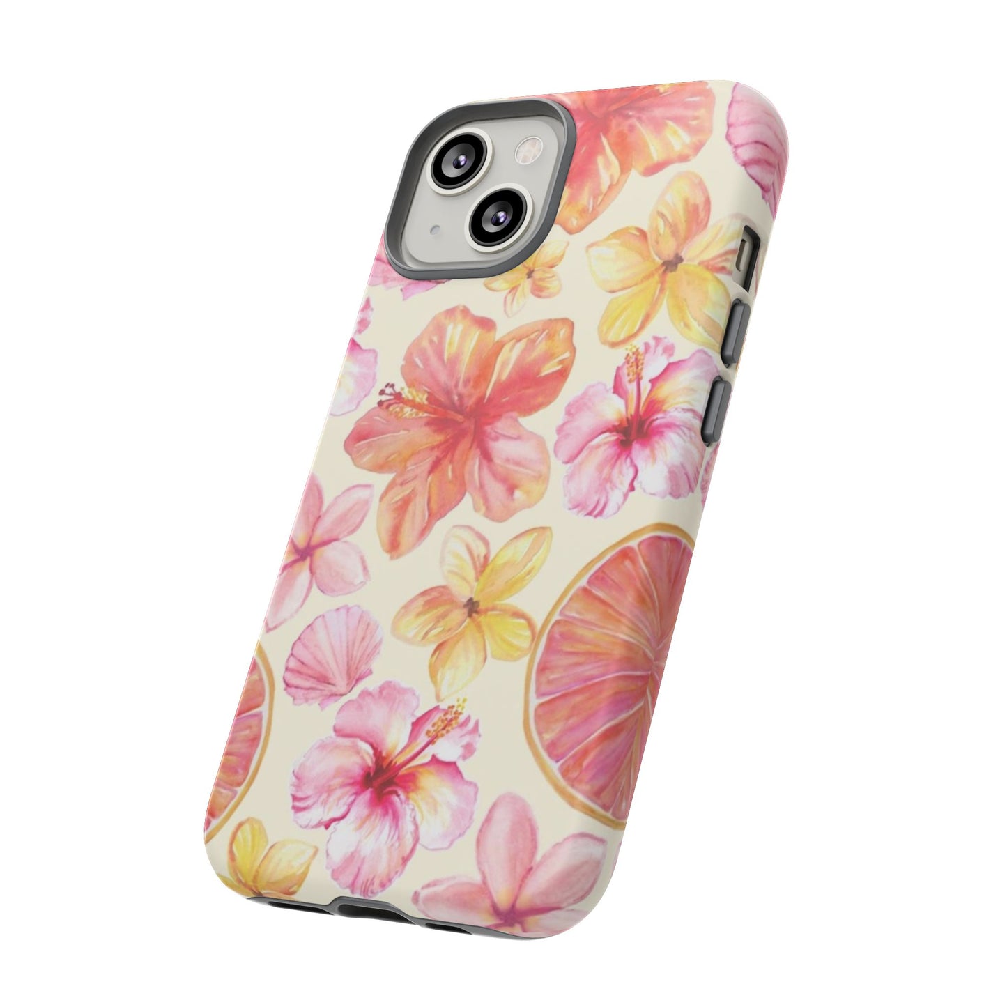 Tropical Hibiscus Tough Phone Case – Watercolor Floral & Citrus Protective Cover