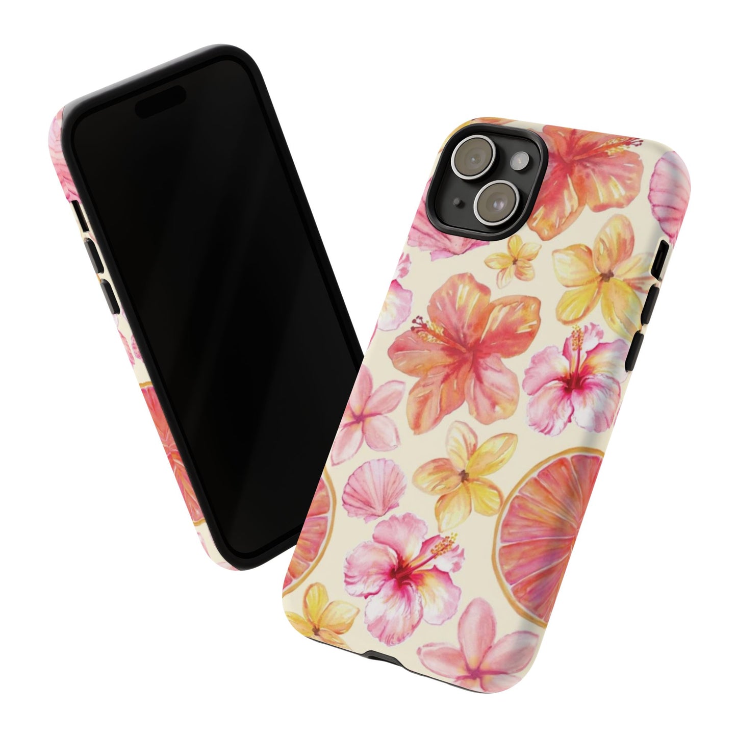 Tropical Hibiscus Tough Phone Case – Watercolor Floral & Citrus Protective Cover
