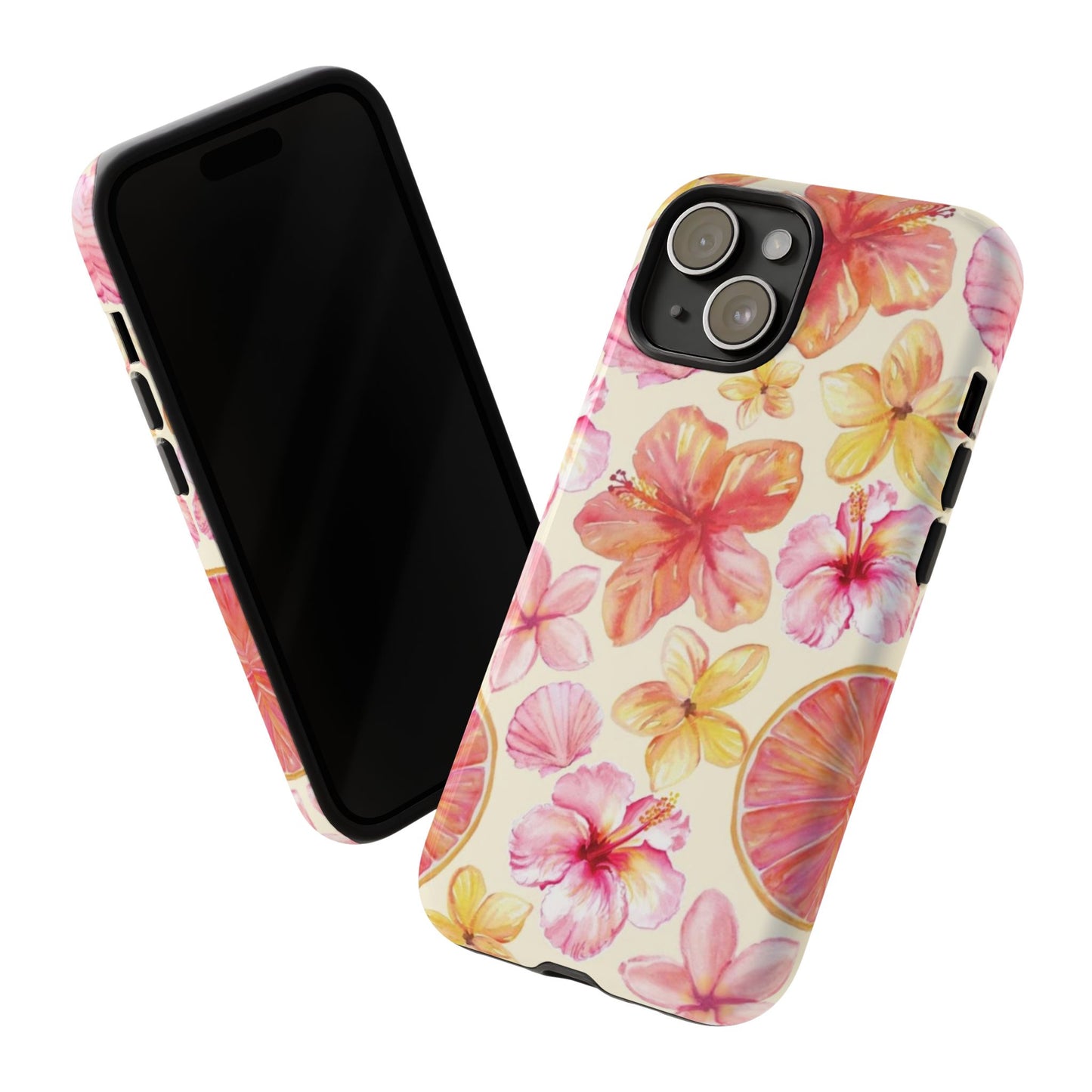 Tropical Hibiscus Tough Phone Case – Watercolor Floral & Citrus Protective Cover