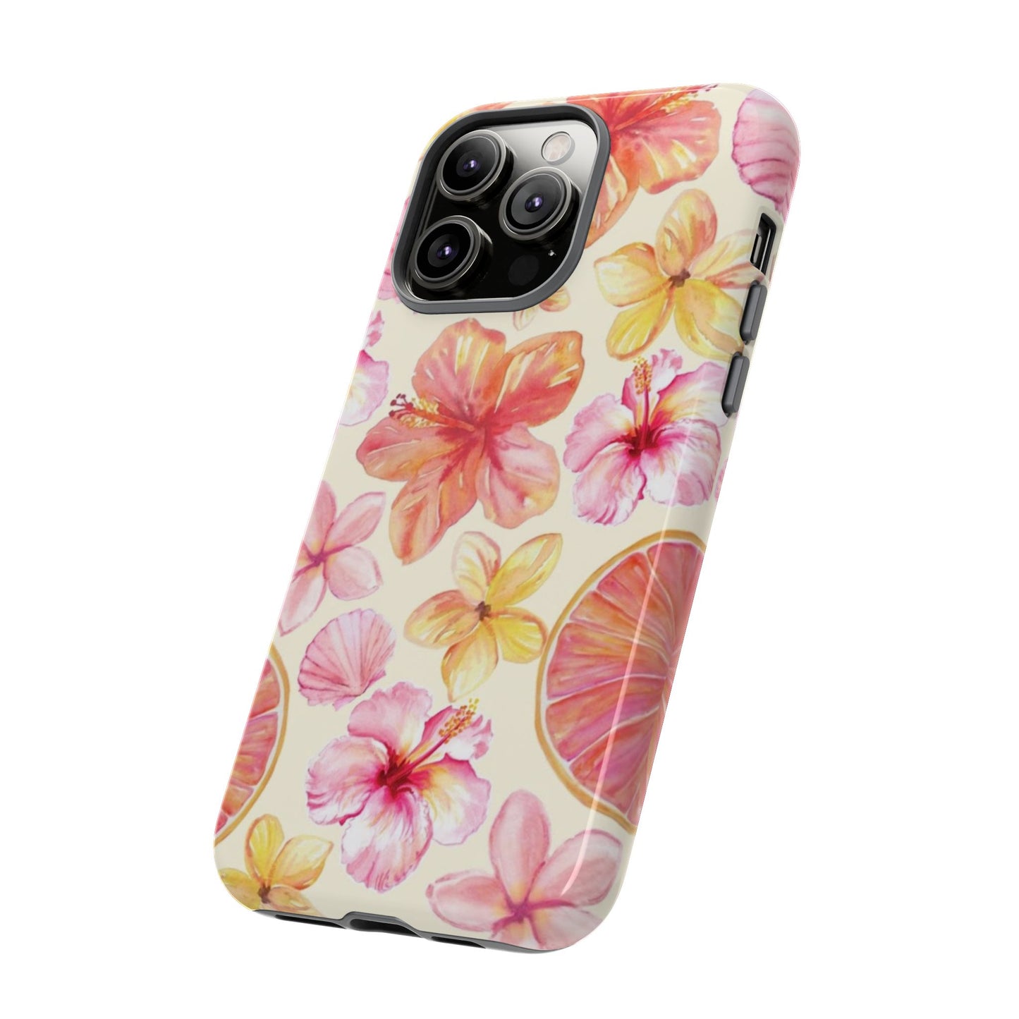 Tropical Hibiscus Tough Phone Case – Watercolor Floral & Citrus Protective Cover