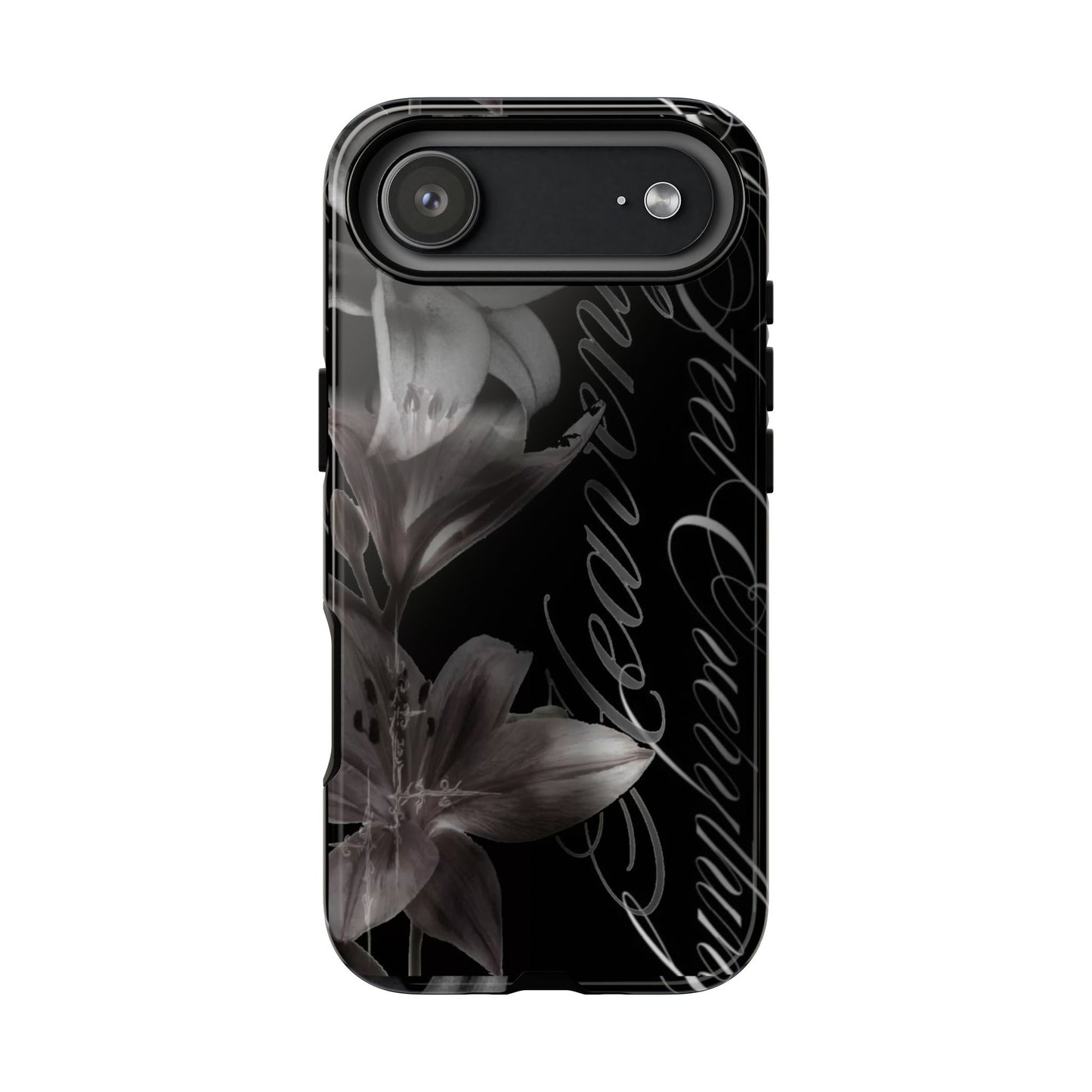 Floral Script Tough Phone Case – Black Lily Protective Cover
