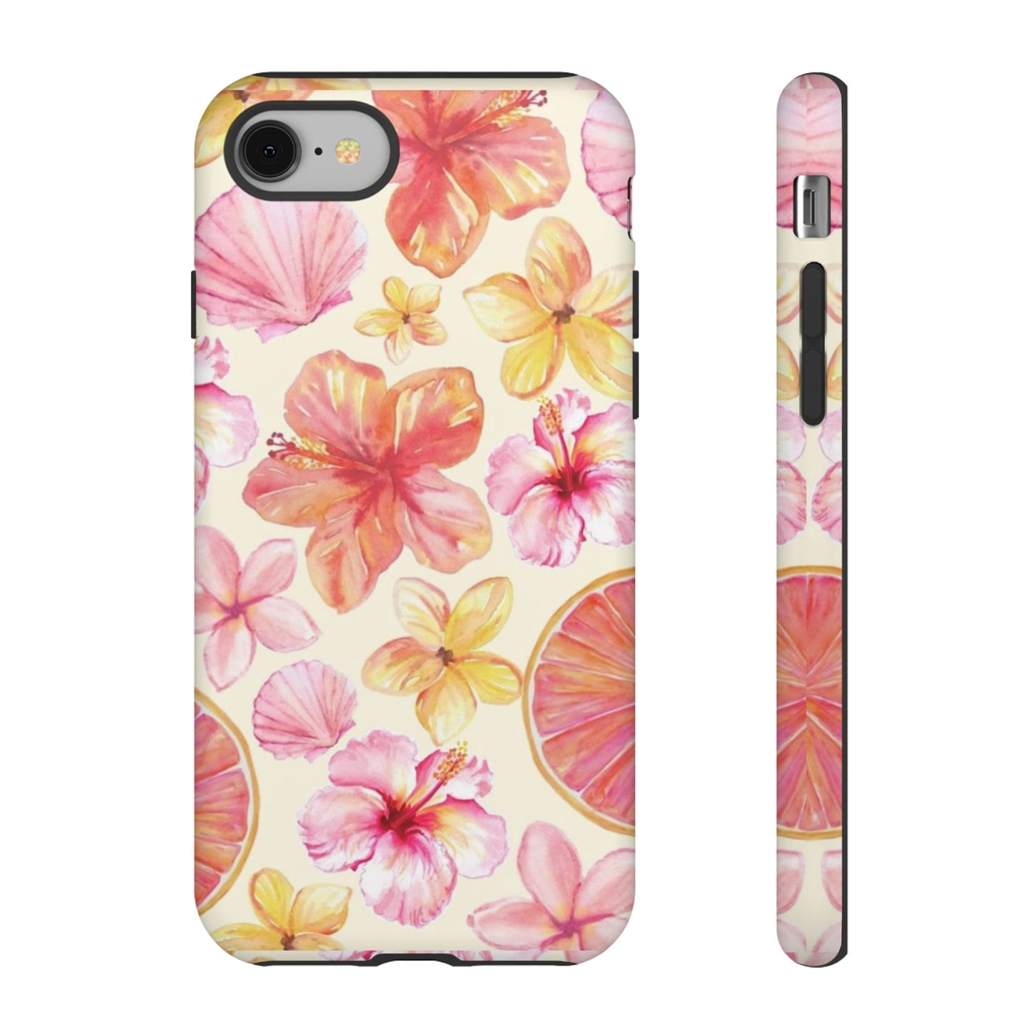 Tropical Hibiscus Tough Phone Case – Watercolor Floral & Citrus Protective Cover