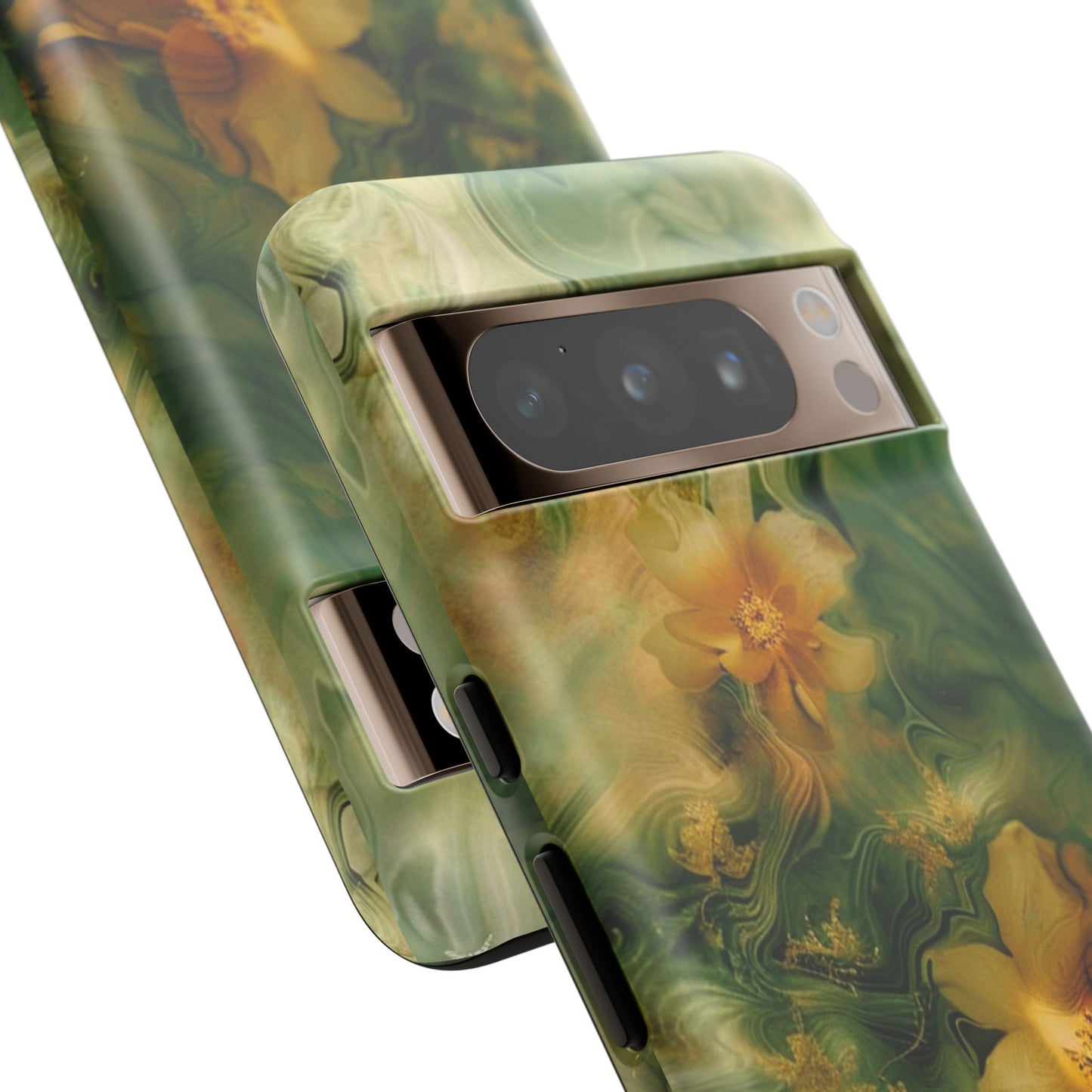 Floral Swirl Phone Case — Green & Gold Vintage Flower Design