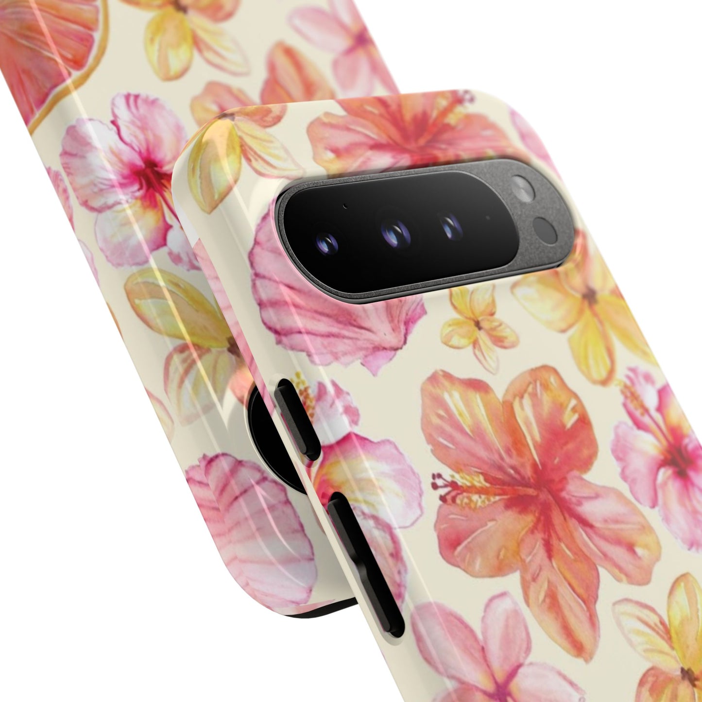 Tropical Hibiscus Tough Phone Case – Watercolor Floral & Citrus Protective Cover