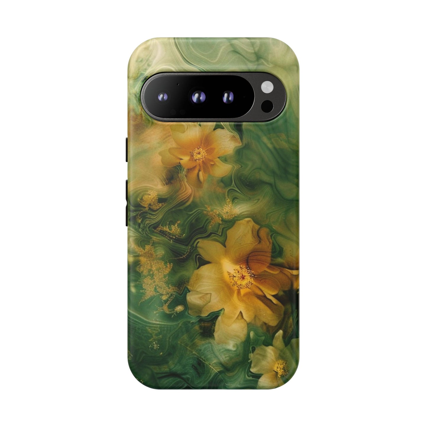 Floral Swirl Phone Case — Green & Gold Vintage Flower Design