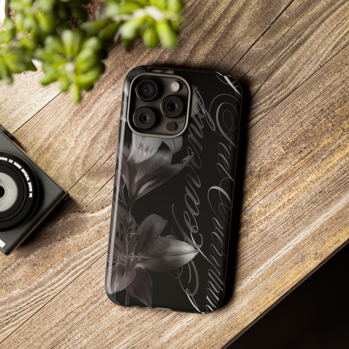 Floral Script Tough Phone Case – Black Lily Protective Cover