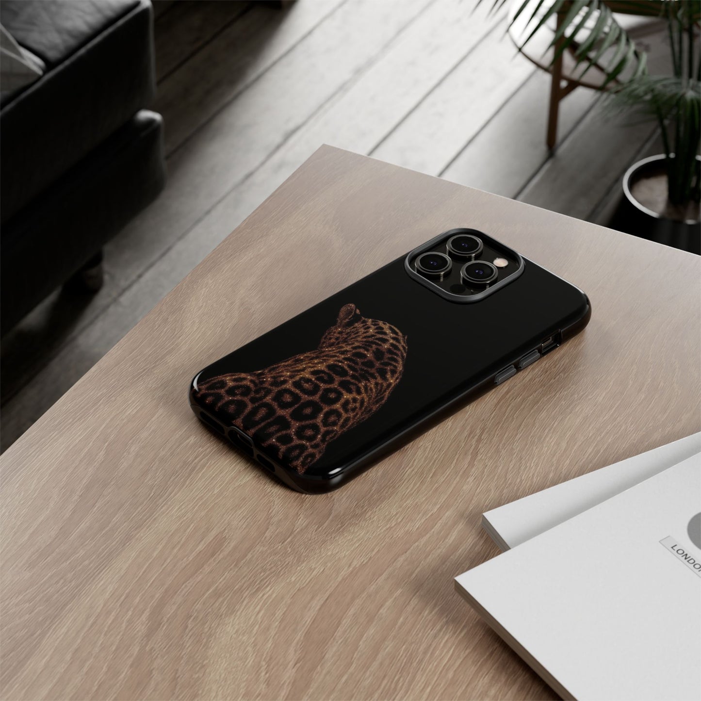 Leopard Print Tough Phone Case - Sleek Black Protective Cover