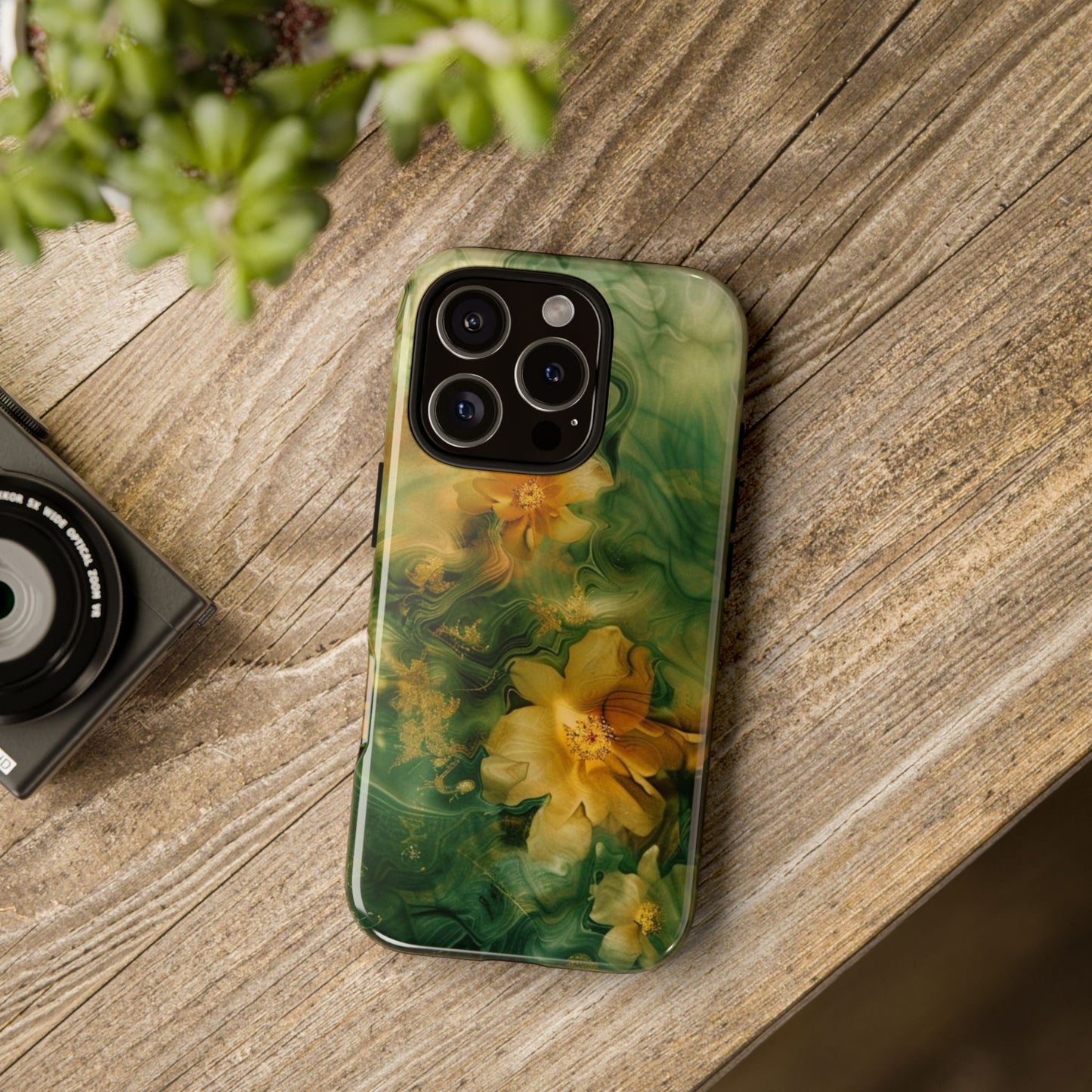 Floral Swirl Phone Case — Green & Gold Vintage Flower Design