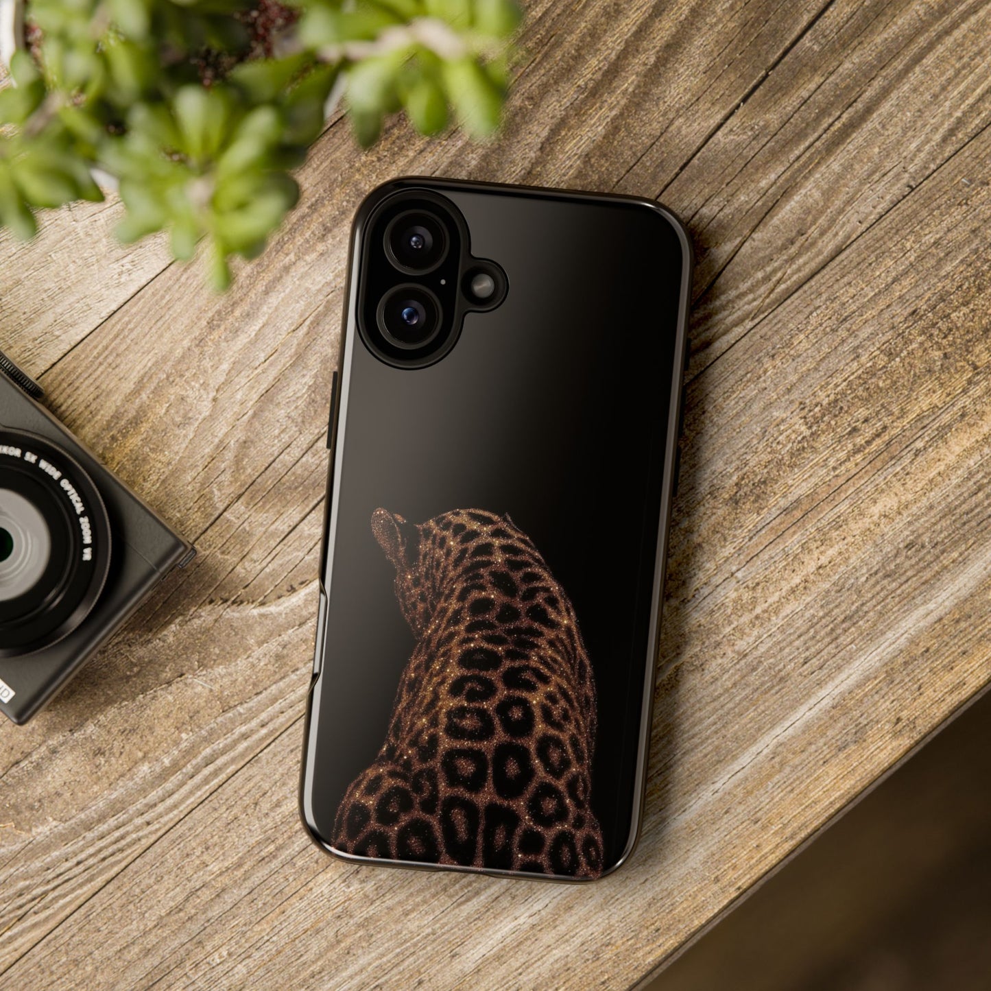 Leopard Print Tough Phone Case - Sleek Black Protective Cover