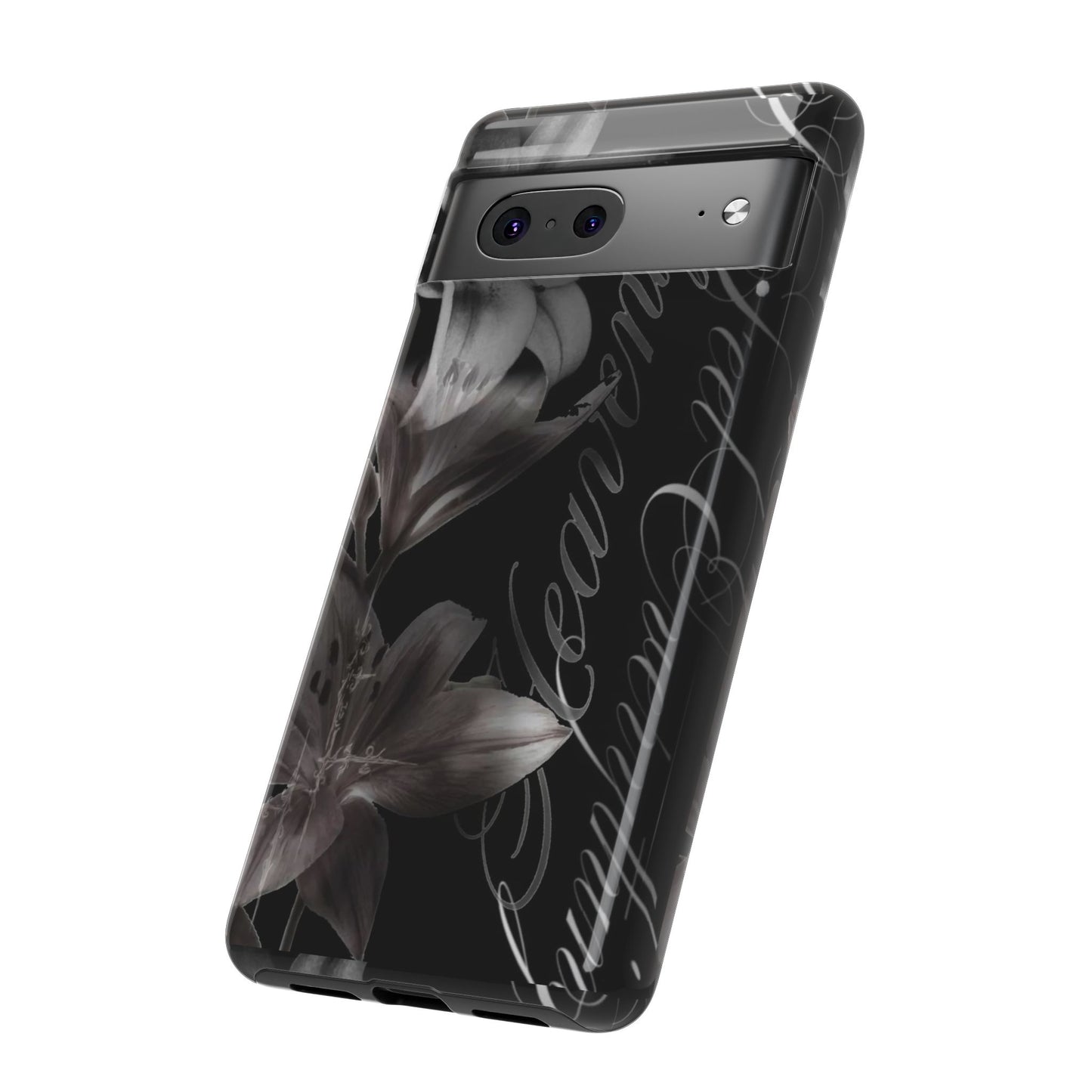 Floral Script Tough Phone Case – Black Lily Protective Cover