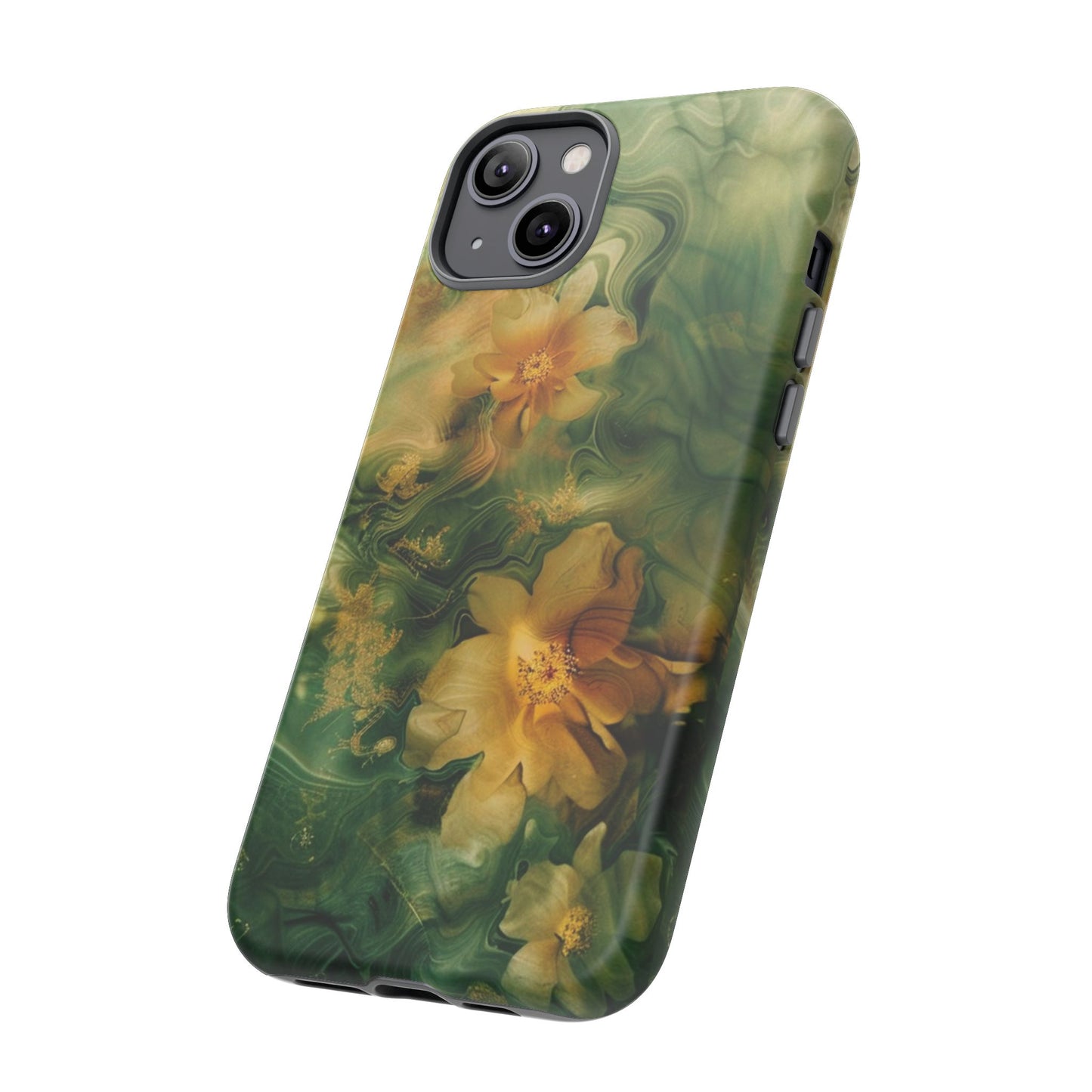Floral Swirl Phone Case — Green & Gold Vintage Flower Design